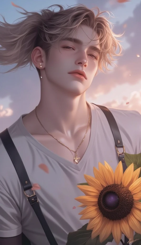 1 male, Japanese male model, high resolution 4k, adult, handsome, perfect face detail, detailed eyes and face, clean shaved, sixpack, white eyebrow hair, white eyelashes, Naked torso, Detailed face, perfect face, dynamic lighting, Real skin texture, ((Perfect hand details)), ((Real and complete hand details)), unreal engine, hd picture, satoru gojo, Jujutsu kaisen, white hair, short hair ,hair between eyes ,blue eyes, white skin, singlet, hold a straw hat, Sunflower garden details