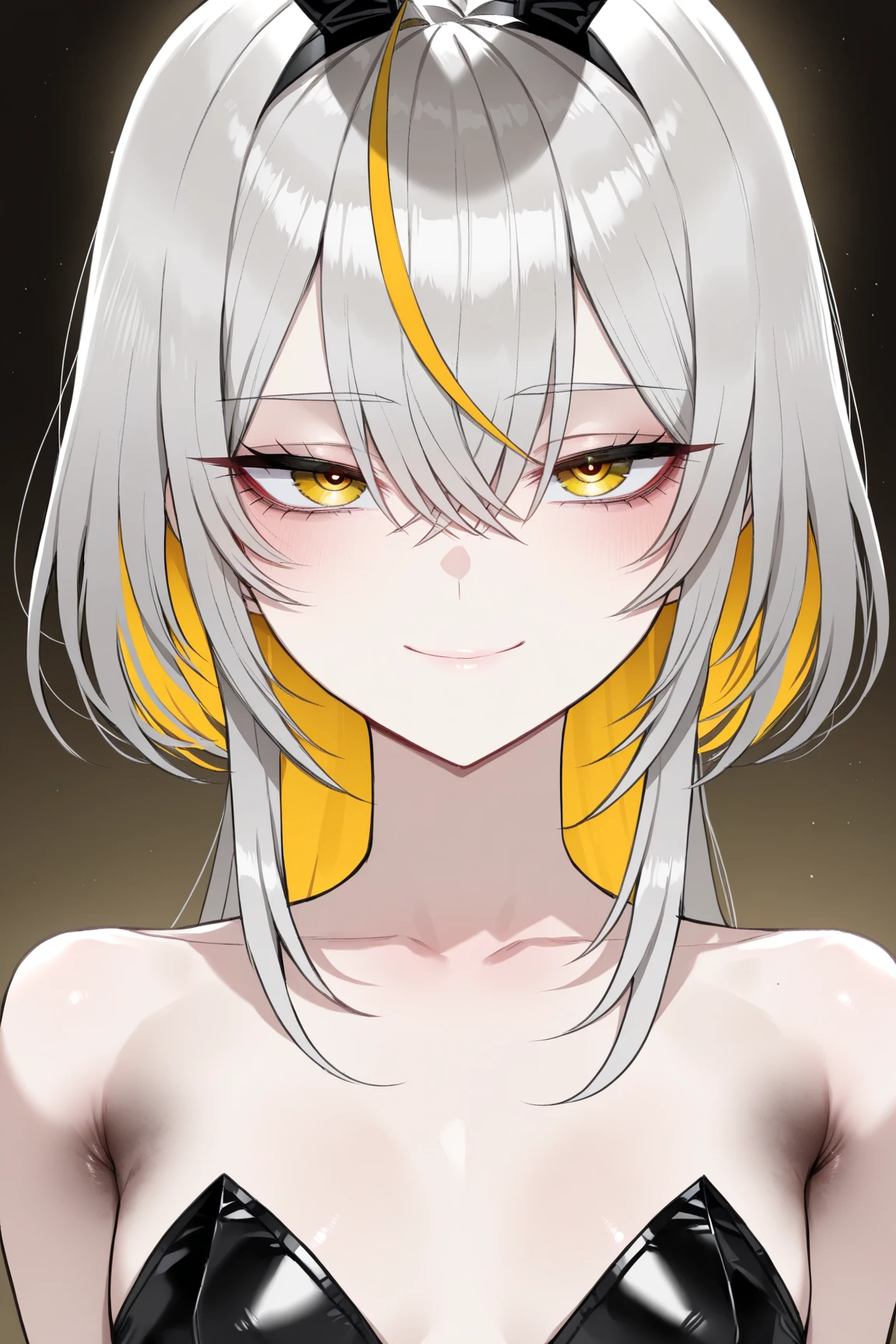 Yellow hair, white hair fade, white skin, yellow eyes, spiky hair, no bangs, cheery, happy, short, standing, black background, naked, nude, portrait, upper body, face only, closeup, close up