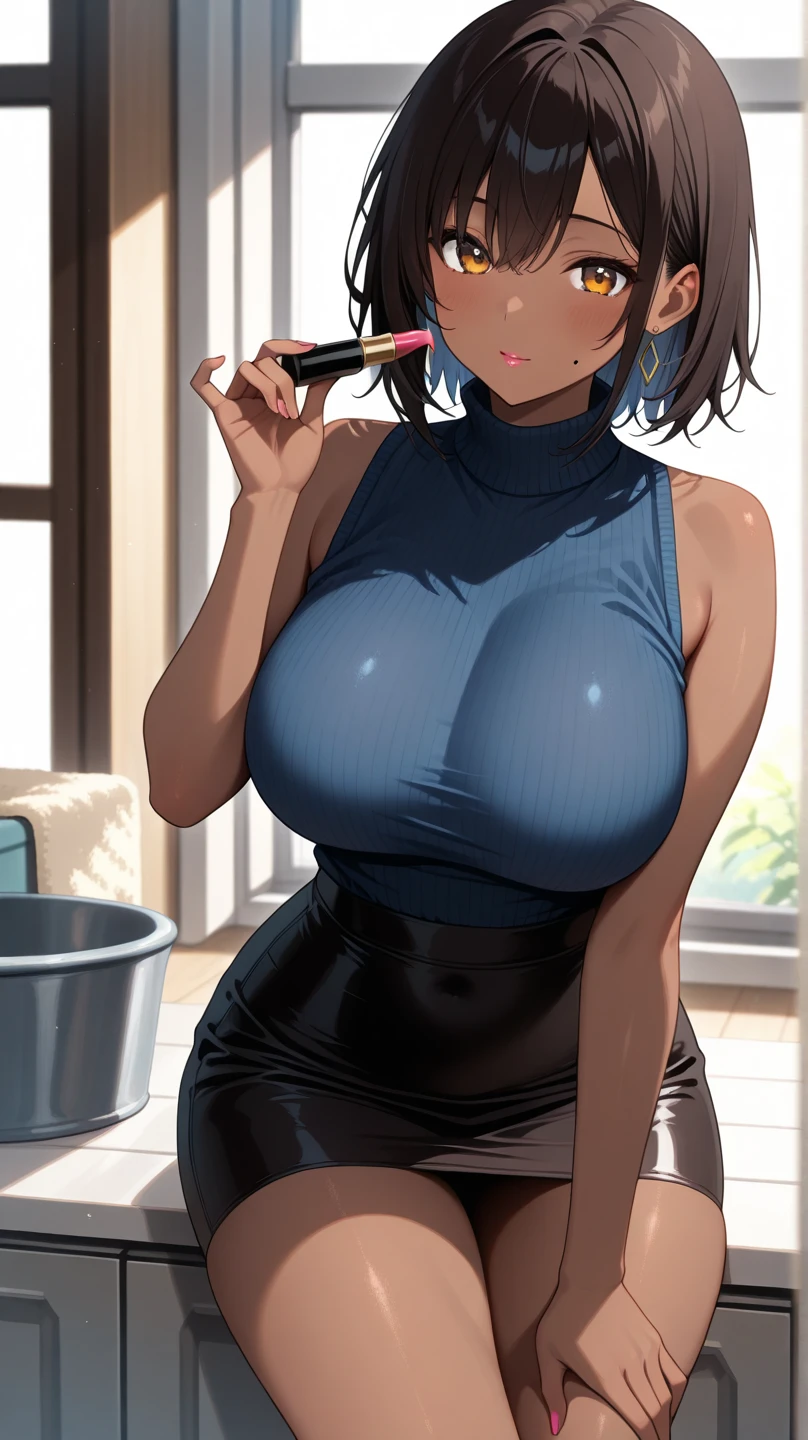 Short black hair, naked, huge breasts, licking male genitals