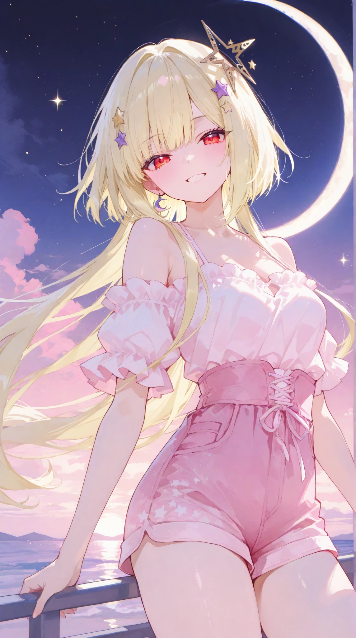 Ms. Blonde has cream coloured skin, a big pink lips and blonde hair. She also has pink cheeks and a mole above her lips, next to her left cheek. She wears a white dress and light pink boots. SPARKLE; GLITTER