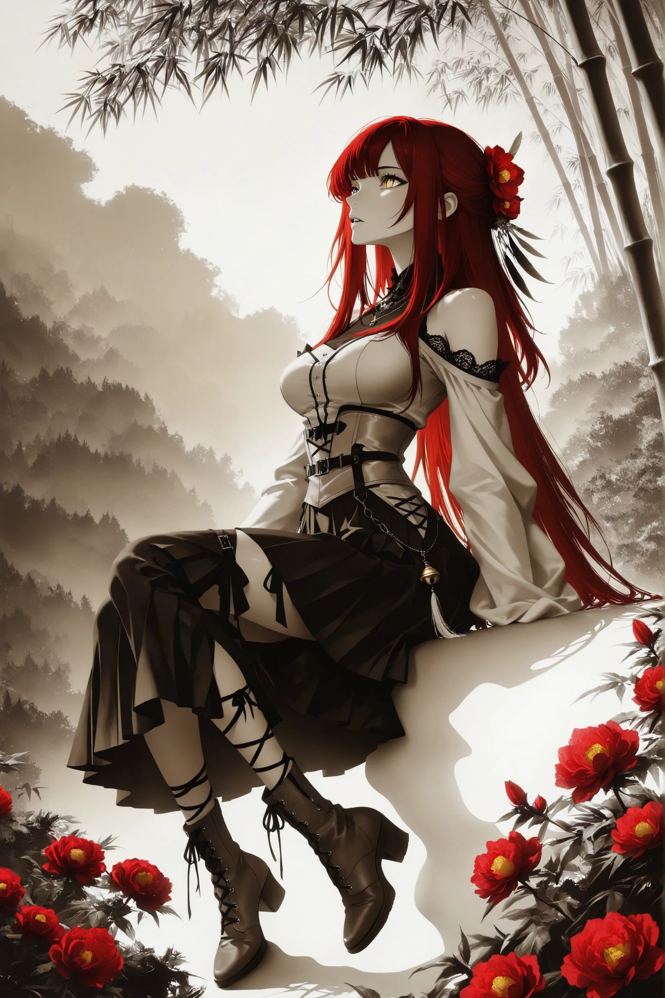 1 girl ,golden eyes , very long hair , long sidelocks, red hair ,half updo, petite , very cute , beautiful ,Straight hair, cool, handsome, hair ween eyes, , mediumlarge breast, cool, beautiful, hair flower, Canna-Lilie, light brown vintage Pleated blouse with bell sleeves and bare shoulders brown vintage-gothic lace-up corset, long black gothic skirt with ruffles, heeled boots, Delicate belt chains with feather jewelry, white theme, light brown theme, necklace, bamboo, flower, hair flower, red flower, peony (flower), hair ornament, weimao, hagoromo, yaopei, zhijupao, leg ribbon, solo, full body, sitting, head tilt, looking away, parted lips, from side, ((dynamic angle)), dynamic pose, outdoors, nature, (blending, surreal:1.3), masterpiece, best quality, amazing quality, very aesthetic, 8k, HDR, cinematic, Dark color, monochrome, greyscale, ink \(medium\)