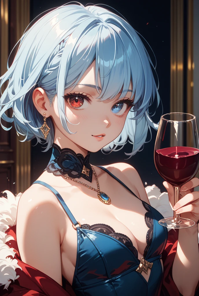 ((Masterpiece)),((High quality)),((High resolution)),((Extremely accurate and detailed representation of the human body)), A woman. Sideways slanting pose. Smug smile. Bob hairstyle. Holding a wine glass. Black off-shoulder dress. Large bust. Collar. Cleavage revealing. Waist shot. Individual.
