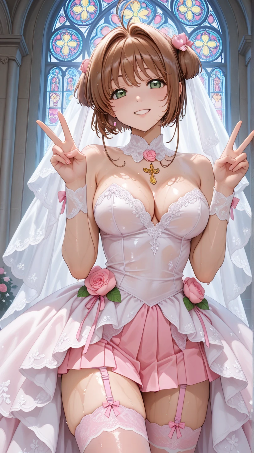 (1 person),(Best image quality, 8k, masterpiece:1.3),((Brown hair bob cut:1.1)),(Swept-apart bangs,Braiding), (Cute eyes, Dark Eyes), (Mole under right eye), (Slender), (Large Breasts),(Glowing Skin:1.1),(Pale skin:1.2),(Sweat),(A fantastic atmosphere),(look up),Ultra-high resolution, Textured skin, Sparkle Effect, Gazing at the audience,Wet body,
wedding,church,
White lace bra,White lace panties,bride,White garter belt,Holding a bouquet,happiness/joy,