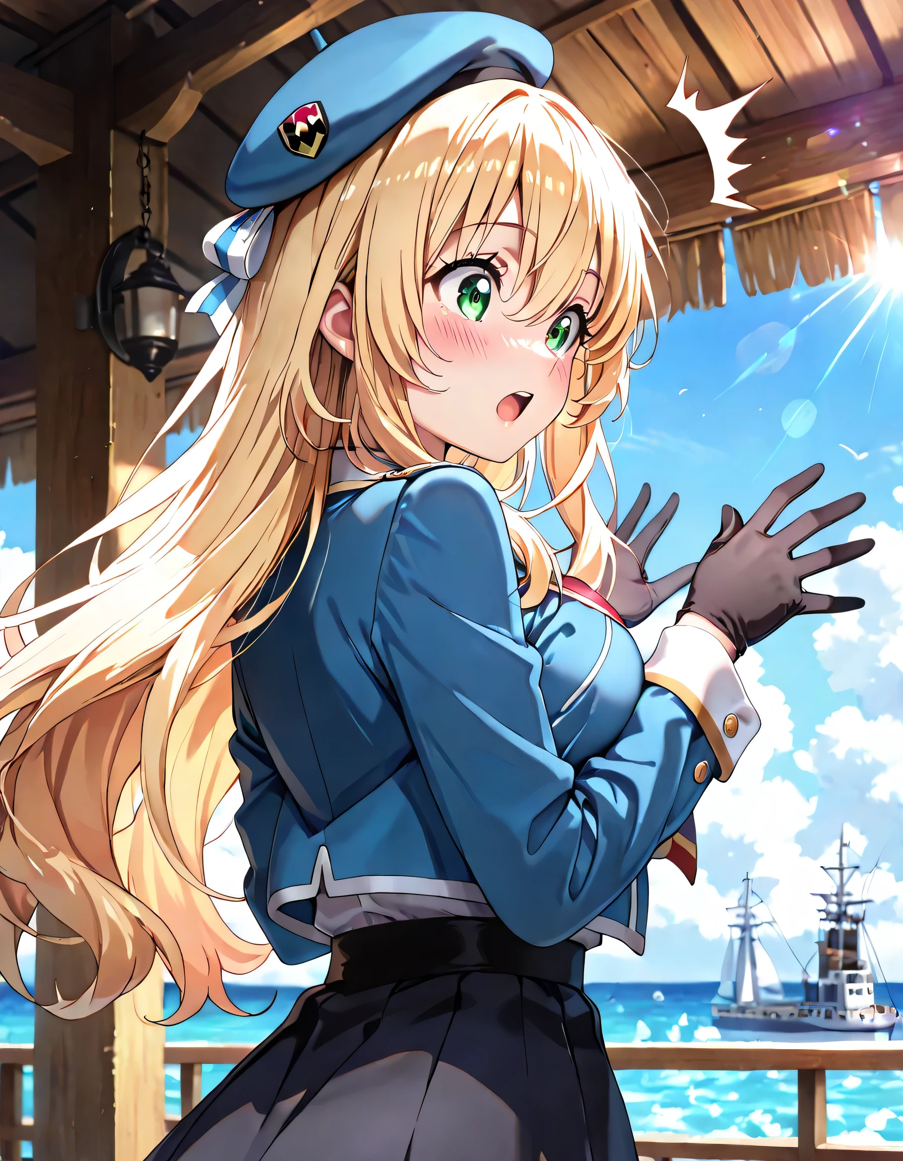 ((ultra-detailed)), (highly detailed CG illustration), (best quality:1.2), ultra-highly detailed, colorful composition, artistic photoshoot, 1girl, solo focus, (upper body:1.4), moe anime character, girl, dainty facial structure, round face, rounded chin:1.2, ideal ratio body proportions, atagokc, blonde, green eyes, long hair, bangs, hair between eyes, big breasts, blue hat, beret, thick thighs atagodefkc, blue military uniform skirt, ascott, blue jacket, black skirt, maxi skirt, black pantyhose, blue shoes, black gloves, surprised:1.3, looking away, open mouth:1.2, secretly trying to escape by sneaking away, on the Battle ship:1.3, Battle ship background, ocean, Beautiful sky, (from behind:1.3), dynamic pose:1.3, contrapposto pose, best quality, expecting, pink cheek, blush, light pink gloss slip, portrait, depth of field, sparkling sunlight, lighting, backlighting, shine, lighting, caustics, ray tracing, perfect face, lustrous skin, highly detailed face, highly detailed eyes, perfect face, perfect nose, perfect hair, perfect eyes, perfect anatomy, beautiful hair, beautiful small face, extremely detailed face, beautiful detailed eyes, beautiful clavicle, beautiful body, beautiful breasts, leavage, breasts squeezed together, equalize the size of the left and right breasts, beautiful thin thighs, beautiful legs, beautiful fingers, (4 fingers), 1 thumb, lovely, (very detailed background:1.0), (highly detailed background:1.0), summer aesthetic, intricate details, festival atmosphere, summer colors palette, chromatic aberration