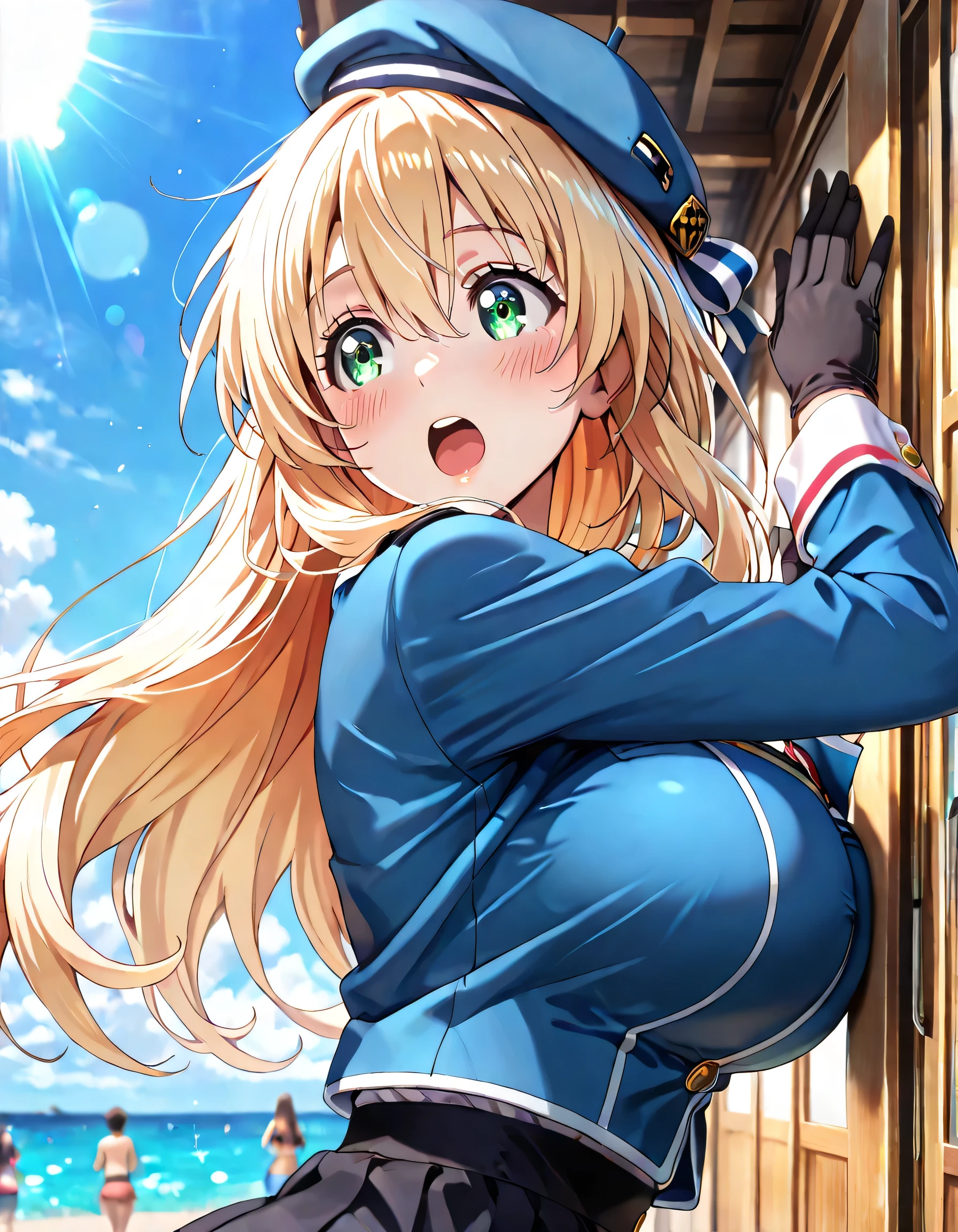((ultra-detailed)), (highly detailed CG illustration), (best quality:1.2), ultra-highly detailed, colorful composition, artistic photoshoot, 1girl, solo focus, (upper body:1.4), moe anime character, girl, dainty facial structure, round face, rounded chin:1.2, ideal ratio body proportions, atagokc, blonde, green eyes, long hair, bangs, hair between eyes, big breasts, blue hat, beret, thick thighs atagodefkc, blue military uniform skirt, ascott, blue jacket, black skirt, maxi skirt, black pantyhose, blue shoes, black gloves, surprised:1.3, looking away, open mouth:1.2, secretly trying to escape by sneaking away, on the Battle ship:1.3, Battle ship background, ocean, Beautiful sky, (from behind:1.3), dynamic pose:1.3, contrapposto pose, best quality, expecting, pink cheek, blush, light pink gloss slip, portrait, depth of field, sparkling sunlight, lighting, backlighting, shine, lighting, caustics, ray tracing, perfect face, lustrous skin, highly detailed face, highly detailed eyes, perfect face, perfect nose, perfect hair, perfect eyes, perfect anatomy, beautiful hair, beautiful small face, extremely detailed face, beautiful detailed eyes, beautiful clavicle, beautiful body, beautiful breasts, leavage, breasts squeezed together, equalize the size of the left and right breasts, beautiful thin thighs, beautiful legs, beautiful fingers, (4 fingers), 1 thumb, lovely, (very detailed background:1.0), (highly detailed background:1.0), summer aesthetic, intricate details, festival atmosphere, summer colors palette, chromatic aberration