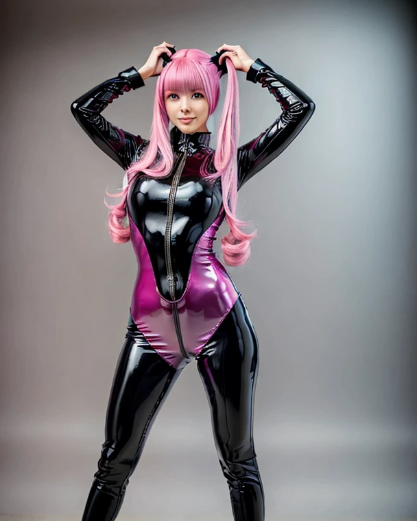 8K, Masterpiece, Raw Photo, Highest Quality, Photorealistic, High Definition CG Unity 8K Wallpaper, Depth of Field, Cinematic Light, Lens Flare, Ray Tracing, (Extremely Beautiful Face, Beautiful Lips), Beautiful Eyes) , intricately detailed face, ((super detailed skin)) 1 girl, pink hair, dark shadows, cute idol, 1 girl, (very slim and slender muscular body: 1.3), (( Looking at the viewer)), (background blur), pink leather catsuit, (pink clothing, pink rubber), pink knee-high boots, full body portrait,
