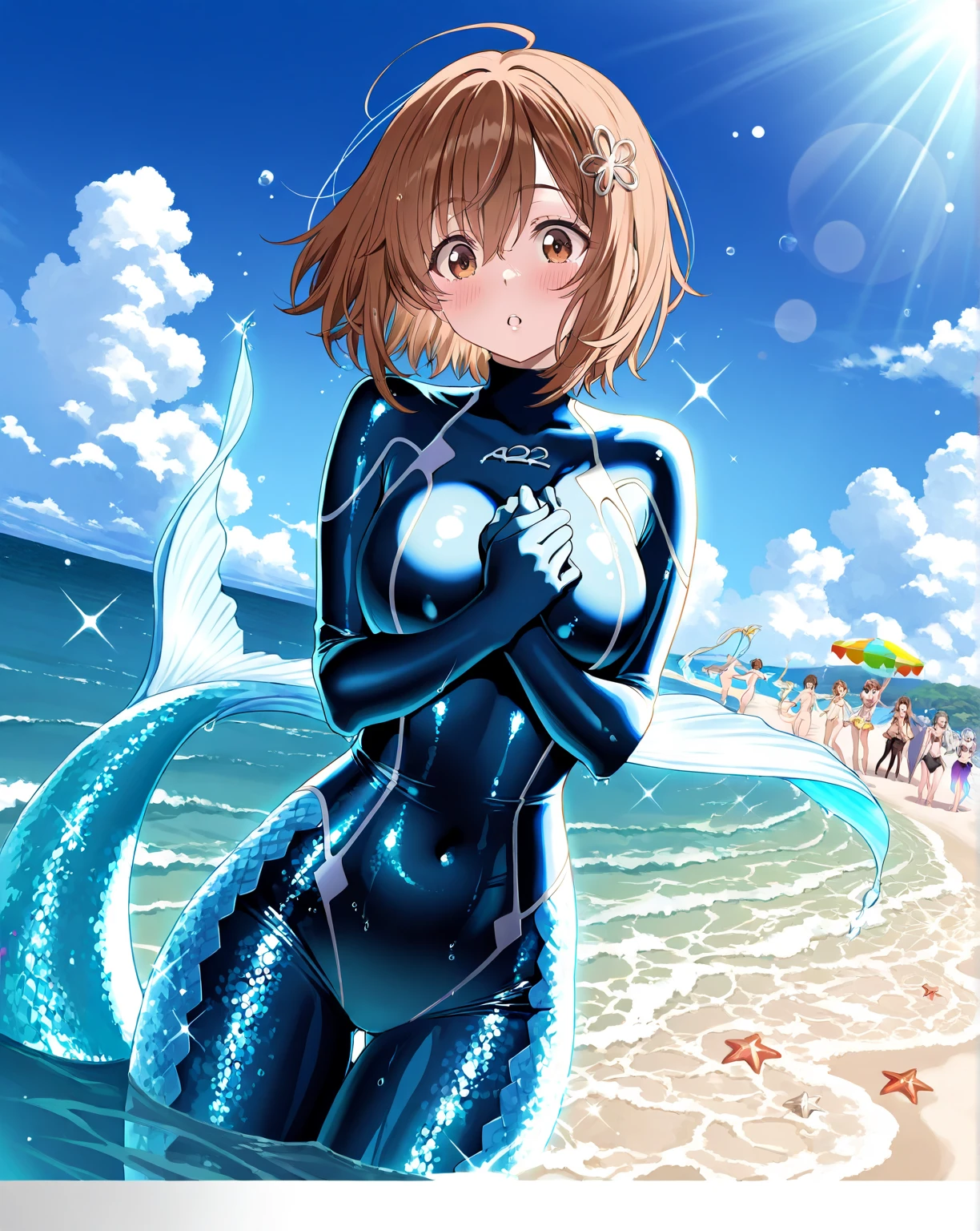 masterpiece, best quality, misaka_mikoto, brown eyes, looking at viewer, solo, small breast, upper body, (swimsuit), beach, outdoor, , smile, close_mouth, ((crossed legs)), ((standing)), lens flare abuse, one piece suit, body suit, shiny clothes, thicc, onegirl, 1girl, white swimsuit, pantihose, ass pose, botty pose, back pose, nice ass, latex