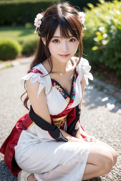Highest quality、High resolution、Detailed Background、(Beautiful face in every detail:1.4)、Anatomically correct、(Draw the usual number of fingers:1.2)、(Detailed facial expressions)、(Detailed eyes:1.2)、(Detailed eyes:1.2)、Teenage beauty、(Highly detailed face:1.4)、Brown Hair、Braided Ponytail、Braided Bob、Braided long hair、Wavy Hairstyle、well-groomed eyebrows、cute eye makeup、Cute Lip Makeup、cute gesture、Show the whole body、Himeji castle、Inuyama Castle、Matsumoto Castle、Hikone Castle、
(A beautiful girl with a big smile with a Japanese castle in the background:1.5)、
Choose a cool chiffon dress or camisole dress for a light and airy look.、
It is recommended to wear it with casual shoes such as sandals or sneakers.、
Add some glamour with hair accessories、
A clean, all-white look is stylish for midsummer、
Sleeveless or tank tops、Bottoms include shorts and wide pants.、
We recommend natural materials for accessories such as sandals.、cute、
Hikone Castle、The location facing Lake Biwa is beautiful and the view from the castle tower is spectacular.、
Many historical buildings remain, including the old castle town and Higashizakamon Gate、
Another feature is that its appearance changes with the seasons, such as cherry blossoms in spring and autumn leaves.