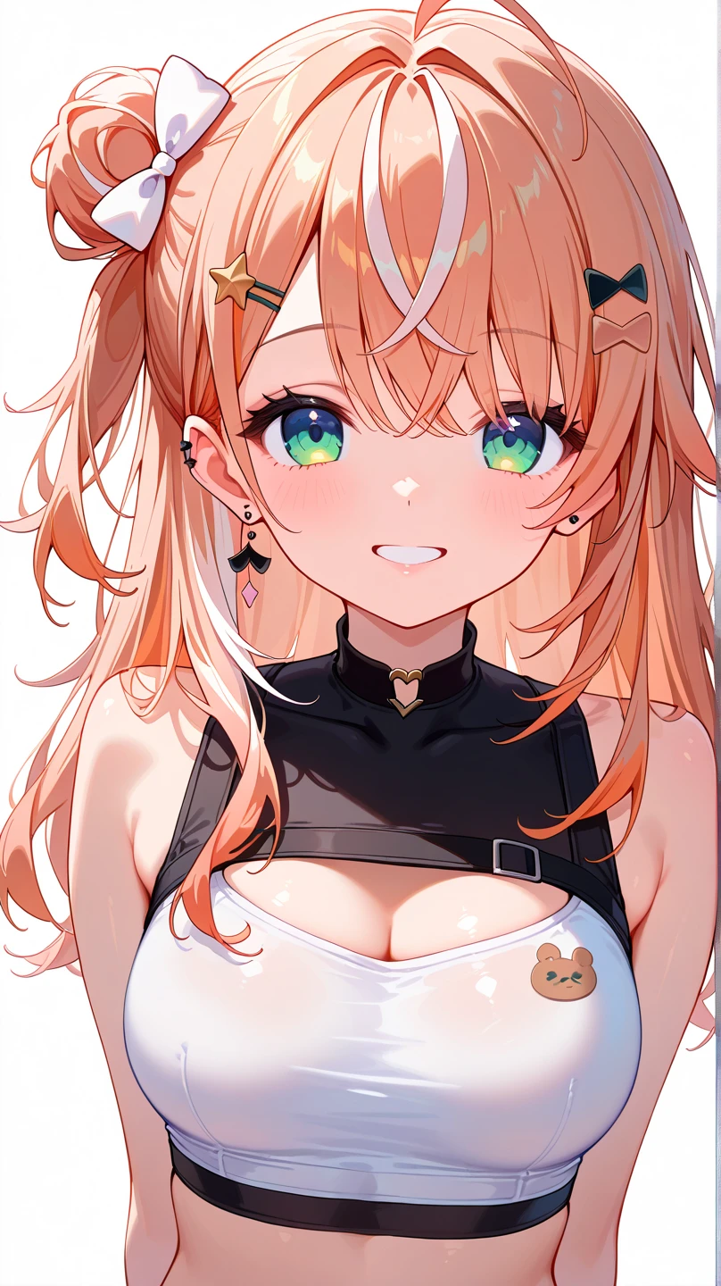 Optimal，masterpiece，High resolution，highest quality，hyper hd，Super detailed，award-winning，16k，alone，（Upper body），correct anatomy，Beautiful Cyberpunk Girl，(cowboy shot)、cute face，，blonde、long hair、twin tails、Braid, hair line，（（scarlet eyes）），long eyelashes，drooping corners of the eyes，white skin，((shoot from below)), ((See-through camisole:1.5)), ((transparent nipples))、rocket tits , ((big breasts:1.2)),（because I&#39;thin），