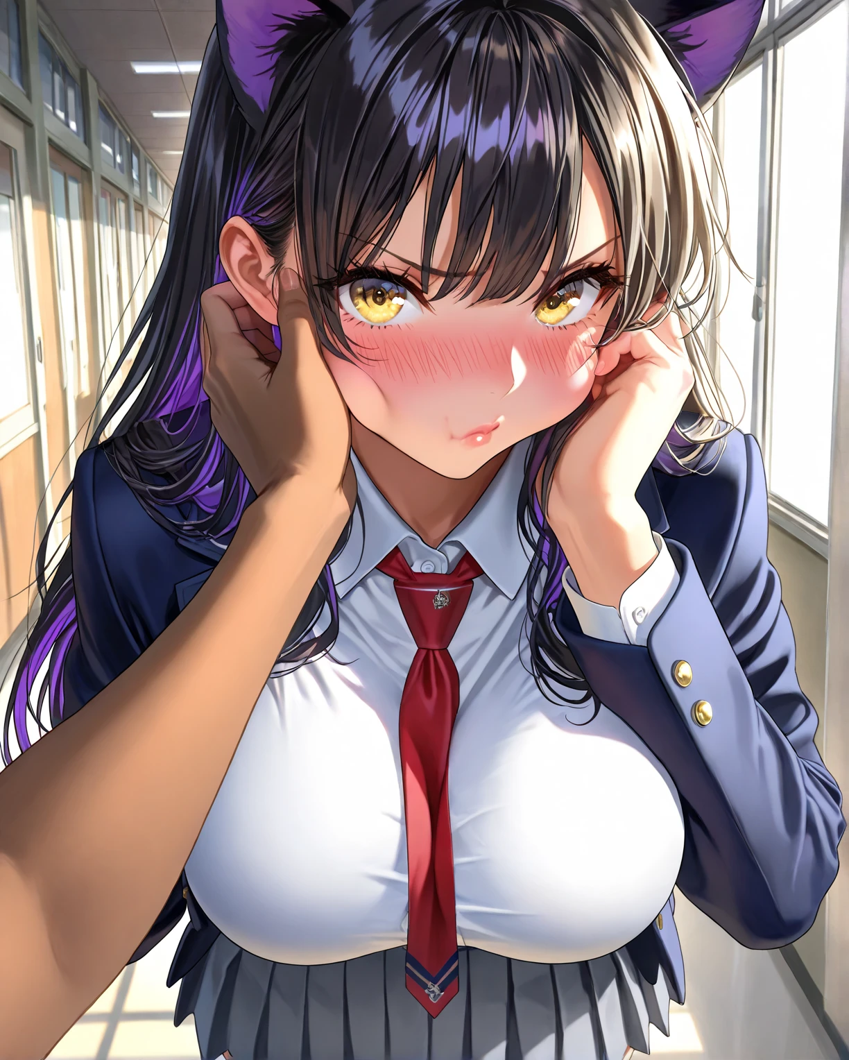 Sucking dick under the desk,Braid,Purple Hair,Poor breasts,office,blazer,White shirt,bondage,Embarrassed face,Sweat,tears,Round 1,Nipples,slave,Man's crotch,under the table, On all fours,