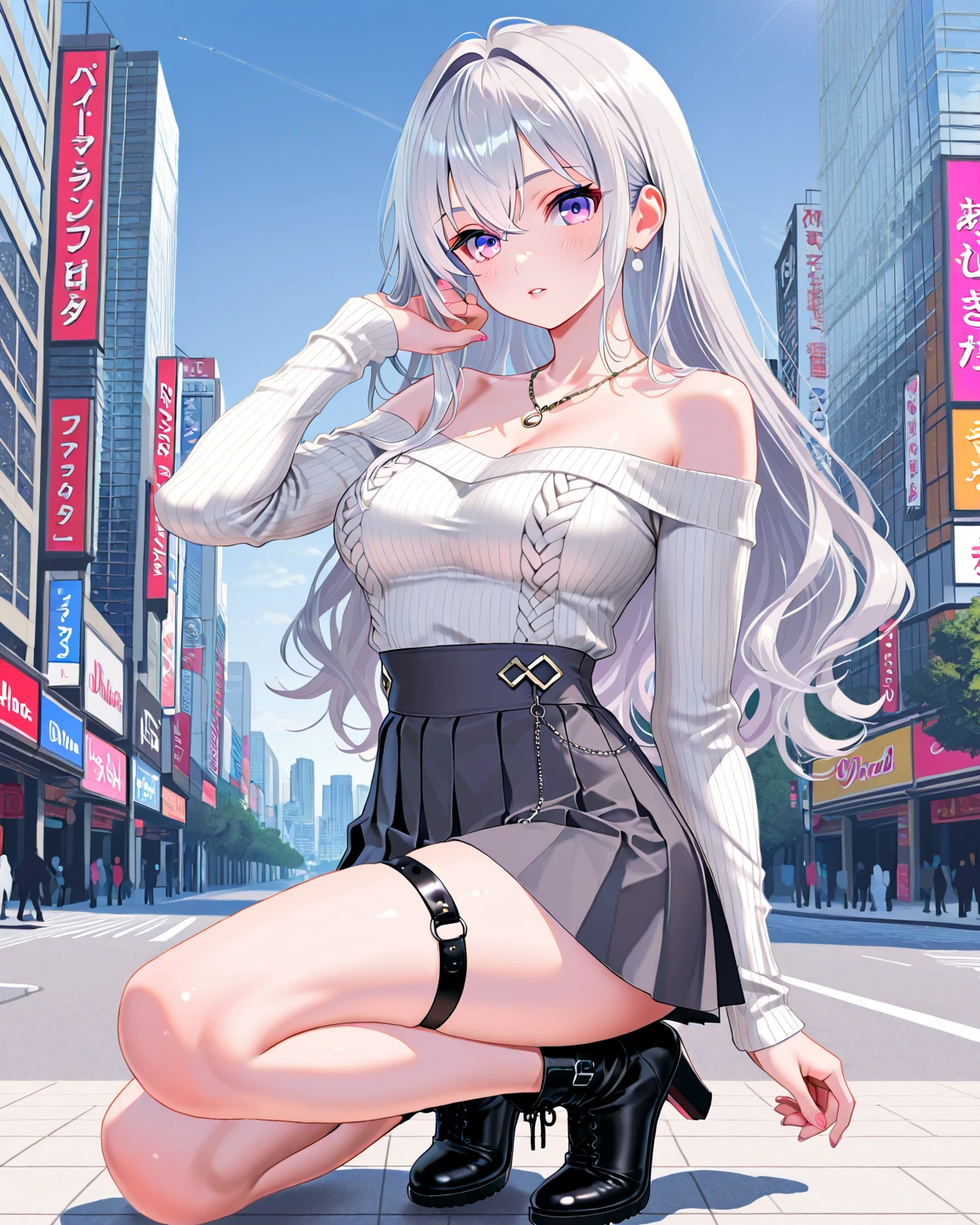 insanely detailed, absurdres, ultra-highres, ultra-detailed, best quality,
1girl, solo, nice hands, perfect hands
BREAK
(Cyberpunk theme:1.2), ((wear an oversized white turtleneck with holographic circuit pattern) paired with (black A-line layered skirt):1.2), (black thigh-high boots:1.2)
BREAK
(silver accessories:1.2), (silver hoop earrings:1.2), (silver ankle bracelet:1.2)
BREAK
happy smile, laugh, closed mouth
BREAK
from below,
standing, cowboy shot, looking at viewer
BREAK
slender, kawaii, perfect symmetrical face, ultra cute girl, ultra cute face, ultra detailed eyes, ultra detailed hair, ultra cute, ultra beautiful
BREAK
shibuya, akihabara, tokyo, street, crowd, cityscape, depth of field, ultra detailed background
BREAK
large breasts
BREAK
red hair, green eyes, herringbone braids, hair between eyes