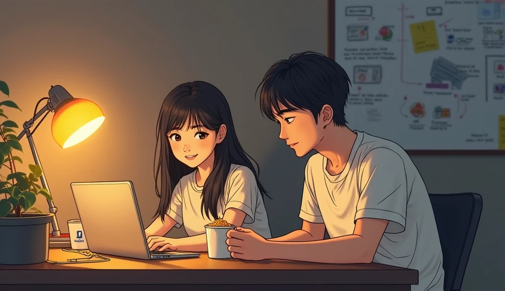In a small office, a young boy wearing glasses, a red shirt, and black pants. Sitting in front of desktop system, desktop is corner. Beside him Long yellow colour dress girl, she is his colleague. She secretly loveing him, she is doing office work and also she  seeing him with lot of love 
