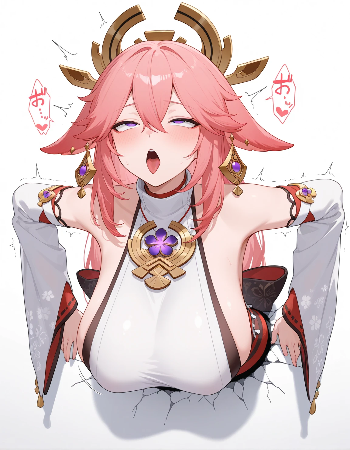 score_9,score_8_up,score_7_up,bachong, solo, 1girl,gigantic breasts, looking_at_viewer, highres, absurdres, thighhighs, white stockings, kimono, , wide hip, erect nipples under clothes, blushed, open mouth, smile,hanging body, ass up, gigantic nipples, spread nipples, open nipples, large nipples, wide nipples, hanging breast, very large nipples