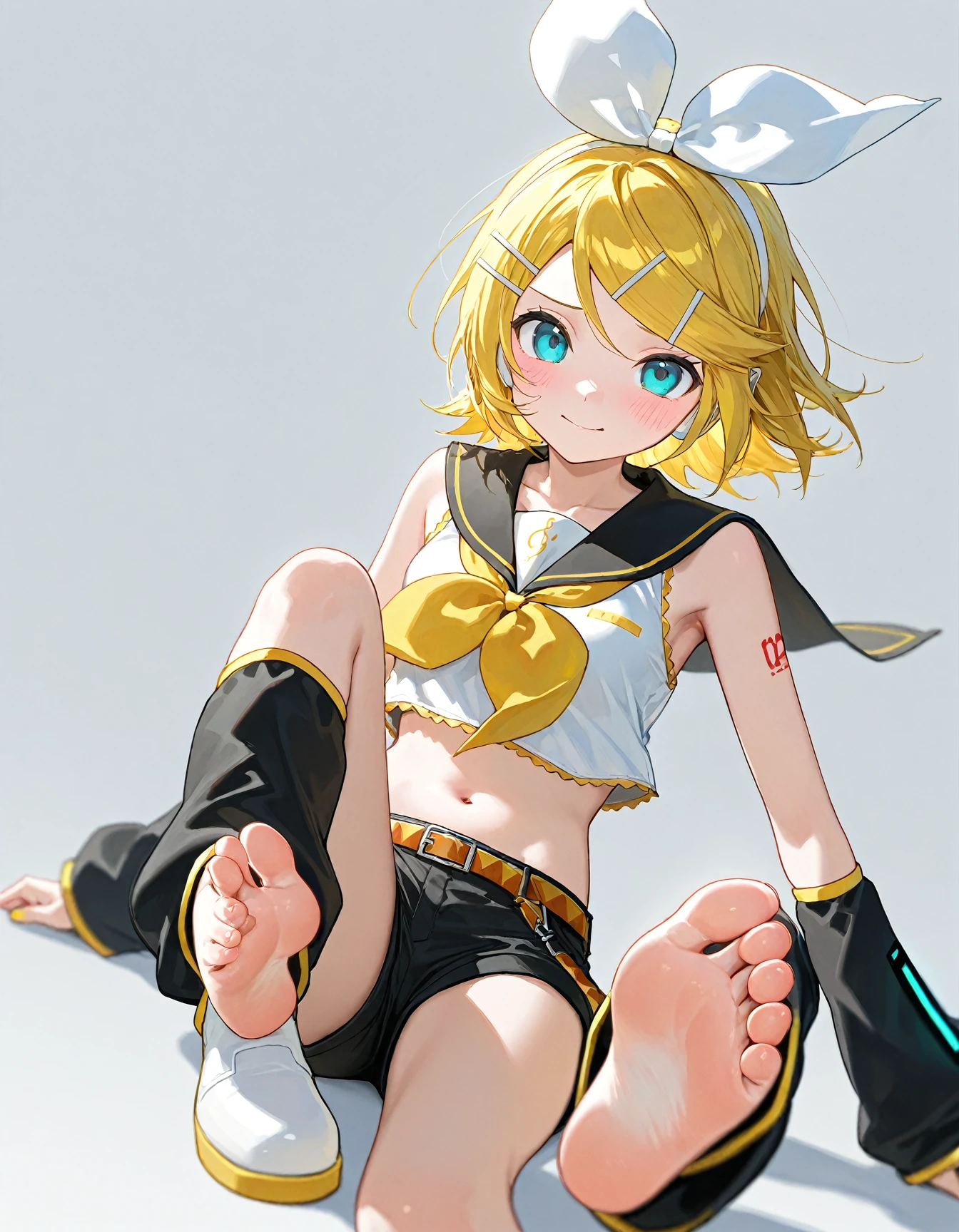 score_9,score_8_up,score_7_up,1girl,arona,bird,halo,bottomless,solo,hair ornament,hair over one eye,sailor collar,navel,blue eyes,white sailor collar,shirt,gradient,long sleeves,multicolored hair,x hair ornament,school uniform,short hair,looking at viewer,gradient background,serafuku,white neckerchief,convenient censoring,closed mouth,holding,choker,blue background,colored inner hair,cowboy shot,bangs,blue shirt,neckerchief,white choker,crow,torn clothes,white pantyhose