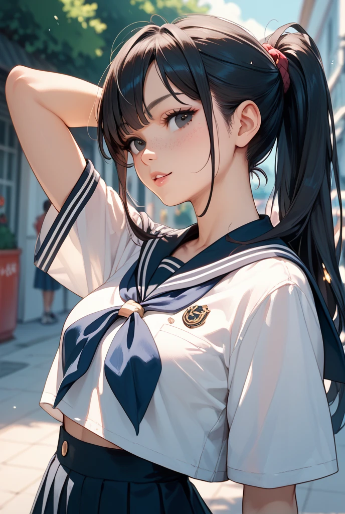 A detailed and beautiful woman with long dark hair, wearing a sailor uniform with a planetary brooch, standing in a dramatic, futuristic sci-fi landscape with glowing neon lights, volumetric fog, and a starry night sky in the background, (best quality,8k,highres,masterpiece:1.2),ultra-detailed,(realistic,photorealistic,photo-realistic:1.37),digital art, cinematic lighting, dramatic colors, dynamic pose, intricate details, hyper-realistic, highly detailed facial features, beautiful eyes, elegant expression