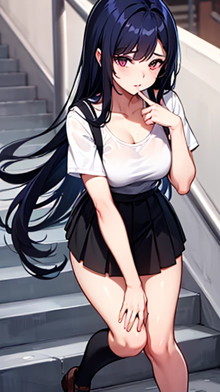 (highly saturated、colorful illustration:1.0)、(long perm hair、Black hair、bright skin:1.0)、(Beautiful slender legs:1.2)、1 girl, 24 Year old, game CG, Girl in uniform, black skirt、put your hand on your waist、Morning standing on the train、(huge breasts:0.9),rational movement,((8K,masterpiece,realistic),(hyper detail),ultra clear,nature,Vibrant cleavage all over the body,heavy chest,slender beautiful legs