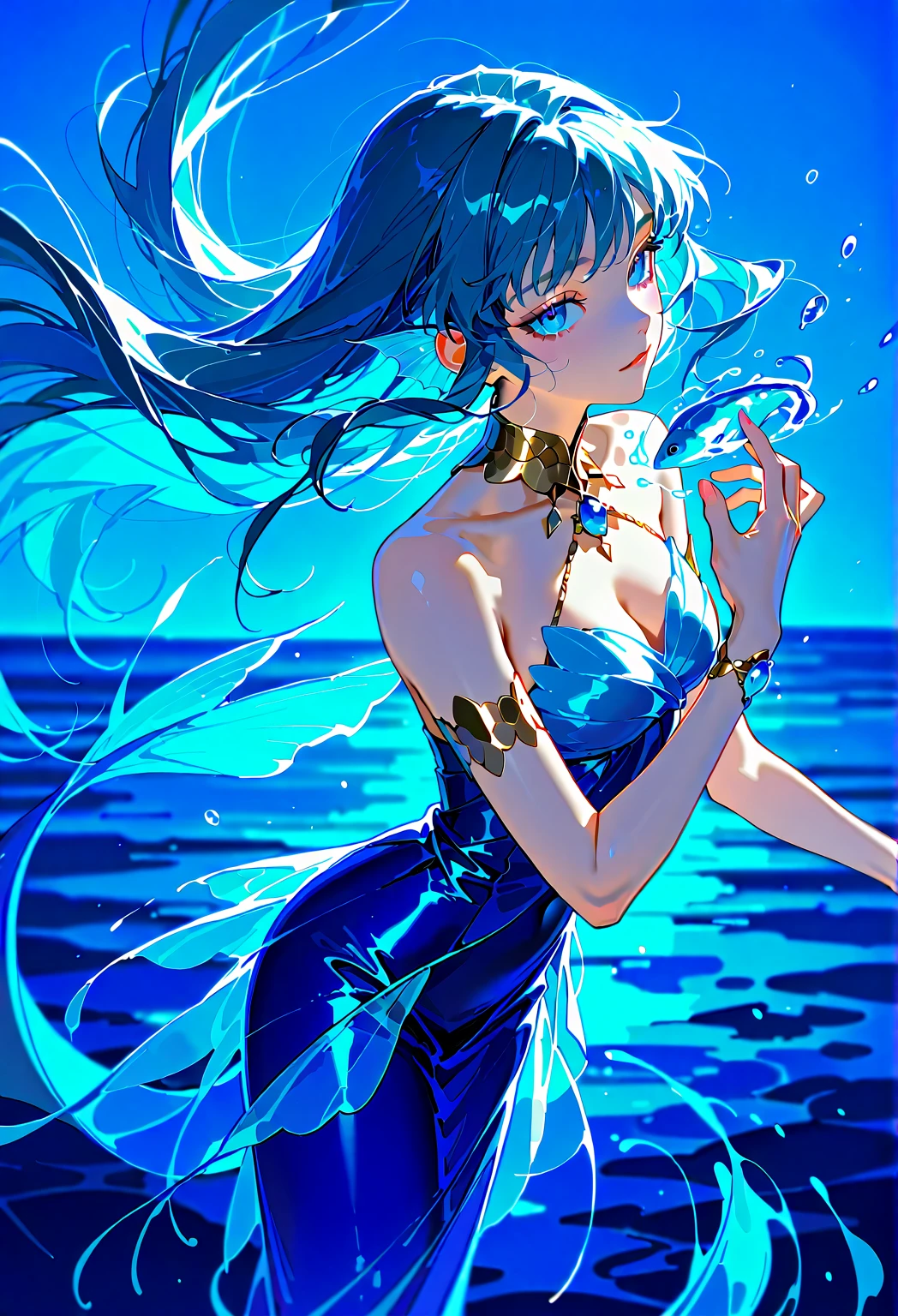 1girl blue_hair blue_skin eyebrows_visible_through_hair gemstone green_eyes hair_over_one_eye hand_on_hip lapis_lazuli_(su) long_hair looking_at_viewer solo standing watermark