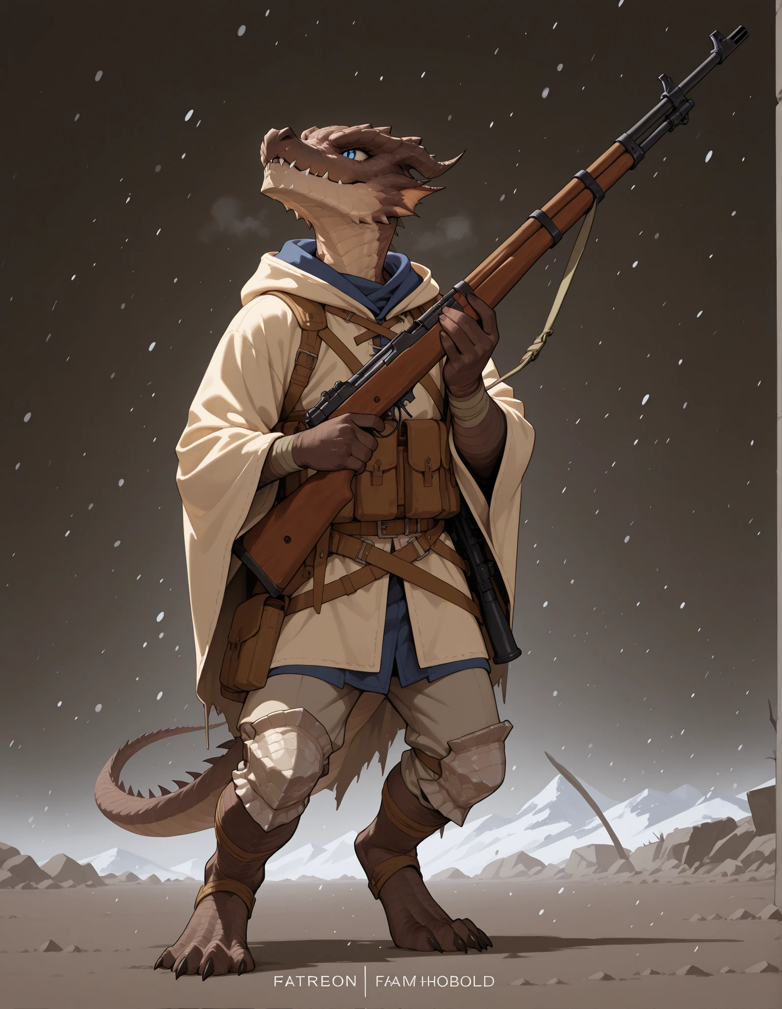 mhftls, Kobold, brown scales, blue eyes, holding a infantry rifle, hood, masterpiece, high quality, fatalis, male