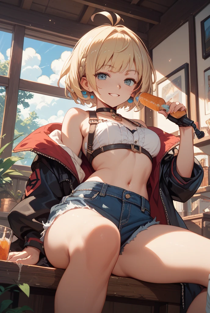 (topless), nsfw, masterpiece, magazine cover, 1 girl, erect nipples, las vegas, neon lights, nipples, high angle, intricately detailed, navel, necklace, holding smartphone, beautiful face, denim shorts, smiling, extremely detailed, photorealistic, octane render, 8 k, unreal engine. horse ears, horse tail, bare breasts, bare stomach, sweaty, detailed, cowboy shot, small breasts, puffy nipples, black belt, leg strap, hair ribbon, texts, sexy, shirtless, bare arms, hands on waist, short white hair, flat chest, slim waist, petite body, night, outdoors, desert