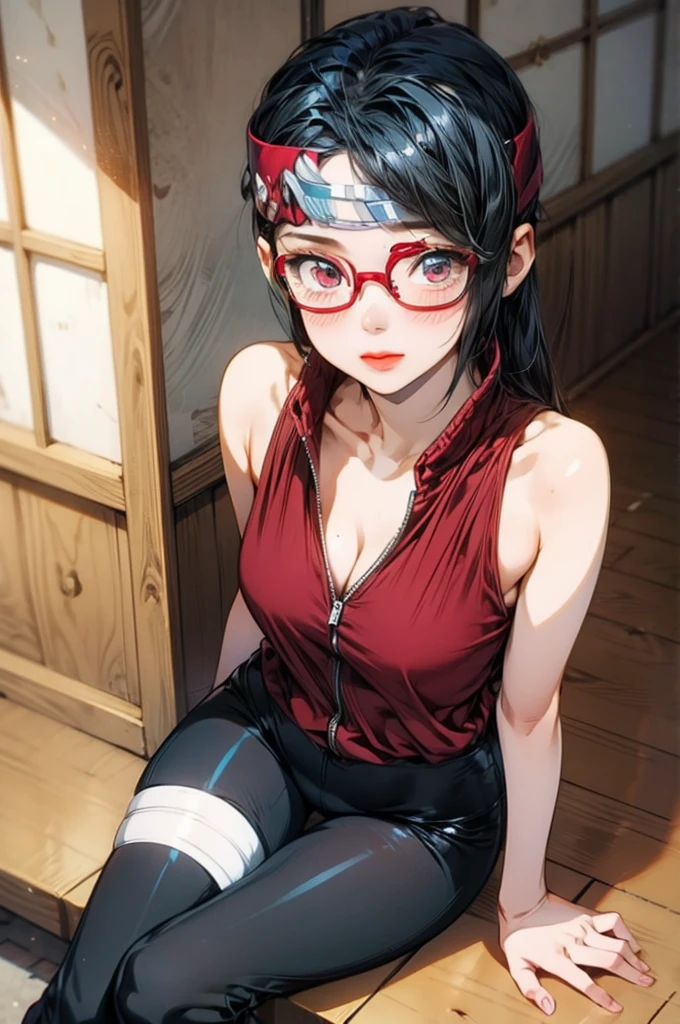 Sarada Uchiha , Masterpiece high resolution ultra HD 5K, Sarada is sitting on a bench , With her legs open you can see her pink panties , red blouse with low neckline without bra, short hair medium breasts, smiling as she sticks out her tongue lewdly all covered in sweat between her face and legs JD detailing the sweat all over her body , While she is sitting her legs are wide open without censorship
