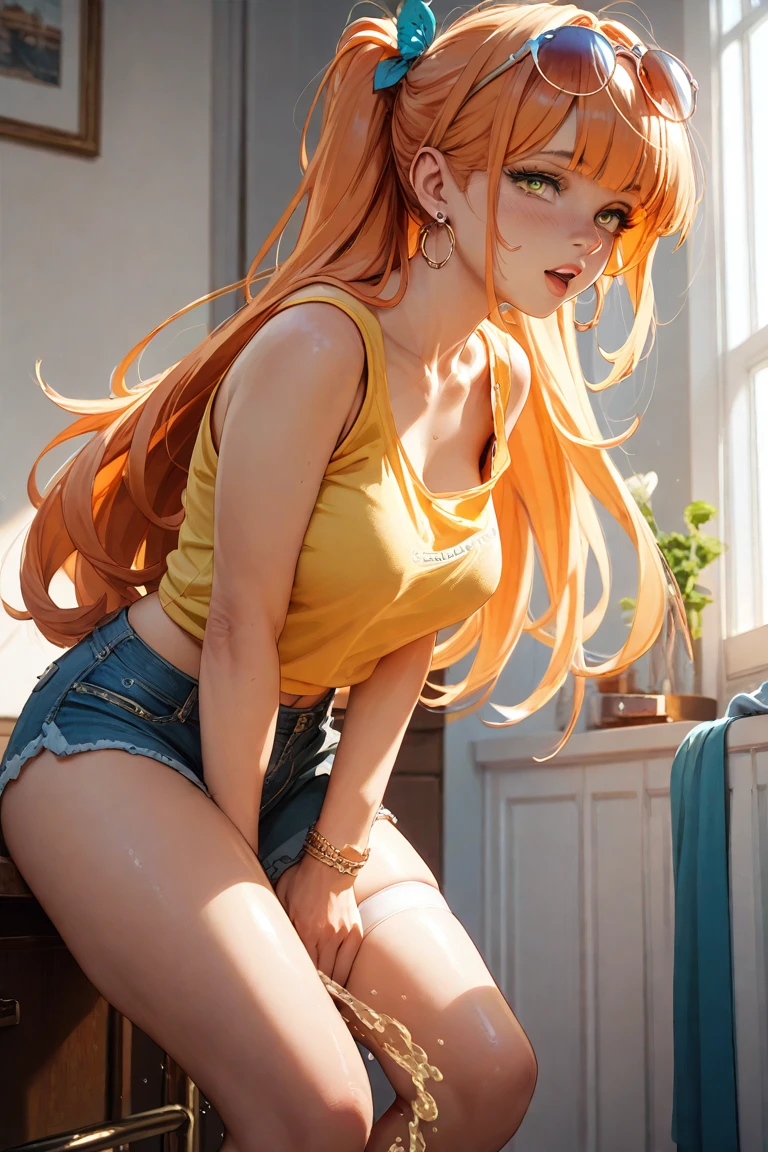 Character Sticker Nami, STICKER, (solid outline:1.3), (NSFW:1.2), A detailed illustration of a vivid Sexy Nami from One Piece kneeling down, her legs spread apart, white panties, Topless, symmetrical big breasts, arms crossed under her big breasts, Perfect Face, big bare breasts, wavy orange long hair, mini-skirt, white underwear, Smile, Crazy cute, kneeling down, perfect eyes, perfect hands, arms crossed, centre model, cowboy shot, full body portrait, full body portrait, vintage t-shirt design, in the style of hand drawing, 3D vector art, 3D image, fantasy art, watercolour effect, Adobe Illustrator, hand-drawn, digital painting, low-poly, soft lighting, isometric style, retro aesthetic, focused on the character, 4K resolution