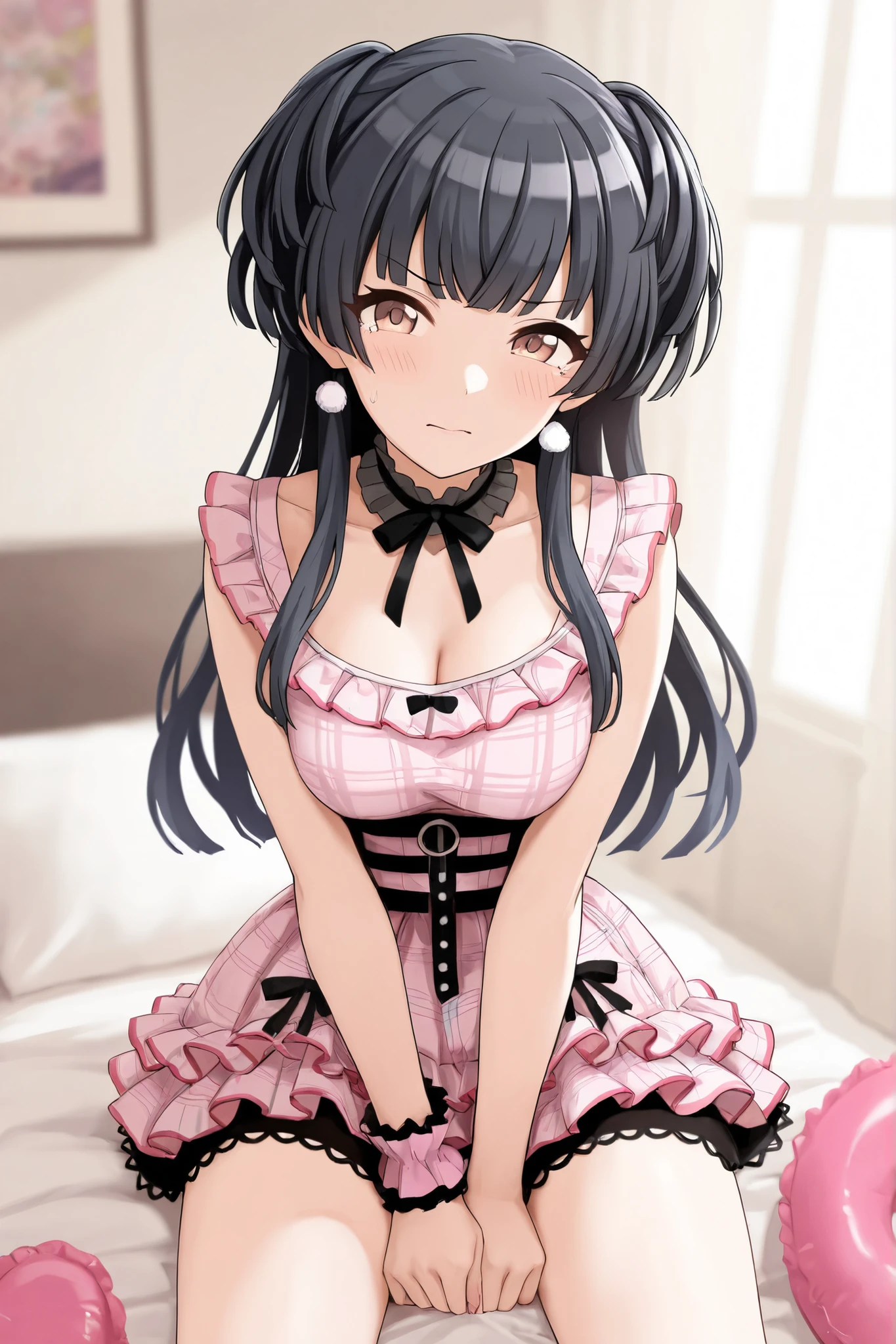 1girl,solo,blunt bangs,19yo,short hair,large breasts,black hair,red eyes, A pink dress with white frills, a white lace cardigan, and pumps with white ribbons.