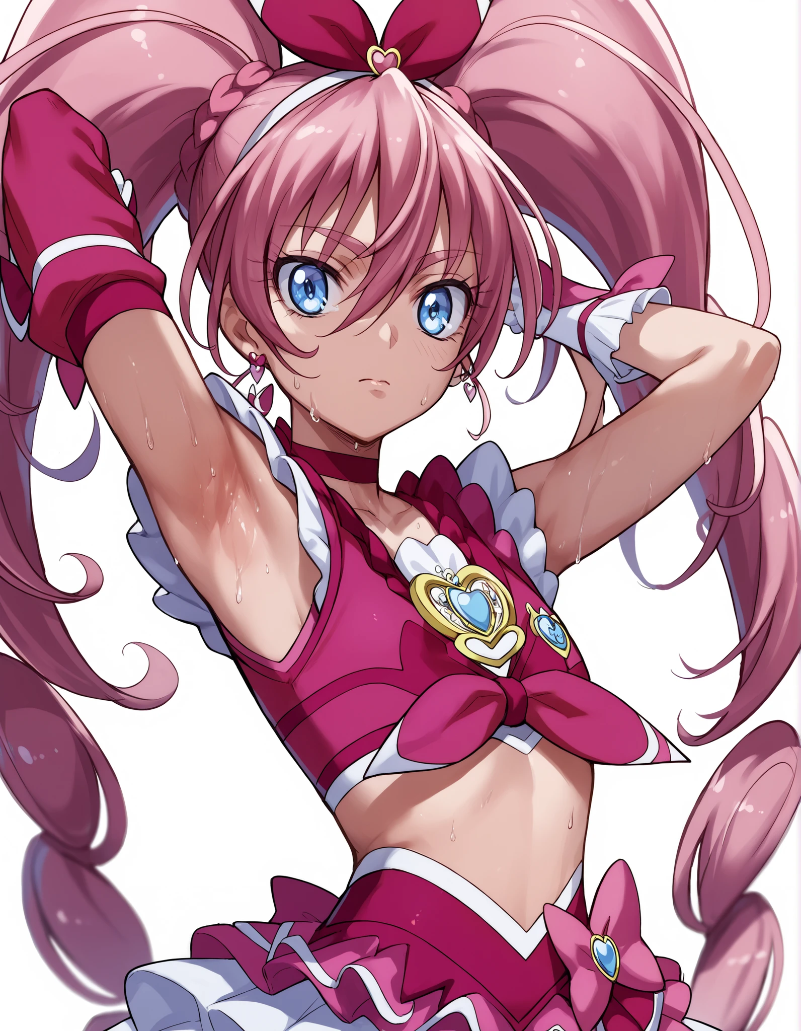 Cartoon drawing of a boy wearing a red and pink crop top dress with a pink ribbon and a jewelry brooch、solo、He has long red-pink hair、boy with long pink hair、Blue Eyed Boy、red hair bow、Two Side Up Hair、style of Magic Boy、Long legs、Red layered ruffle mini skirt、Black thigh-high socks、Red High Heels、Bare shoulders、Red wrist cuffs、portrait of Magic Boy、Full body close-up、sparkling Magic Boy、Dress Up Darling Anime、Heavenly Aura、Cool anime boys、Pink iconic character、Prince of Ruby、Magic Boy、Official character art、A boy is standing、Official Art、Official Artwork、wallpaper!、Cowboy Shot、!!beautiful!!、Brilliant!!、((Male body:1.5))、