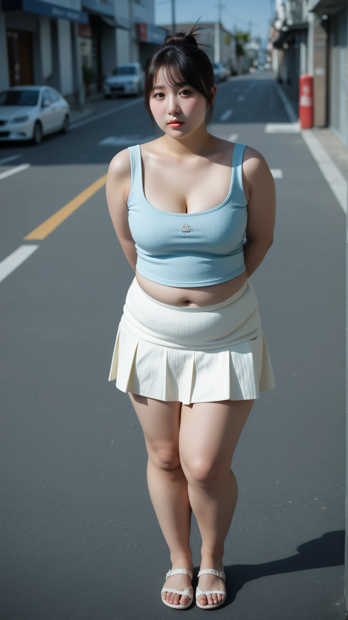 (((Pitch-perfectＴshirt:1.65)))、(((Sexy knee-highs:1.35)))、(((sexy panties:1.35)))、(((Sexy breasts:1.35)))、(((Sexy high heels:1.35)))、((((Spread your legs wide、Touching the thigh、There is a lot of pubic hair showing off the crotch、large pointy breasts))))、Browsing Caution、（Humans are biologically correct、references） 、 lose extra limbsslim limbsextra numbersmutated hands and finger fusionfingersslim bad handslong necklong body anatomybad deformationbad deformation no extra breasts、Not Futanari、Not Moriman、((Peeking up a skirt)), ((White panties)), ((Strong winds)), ((Wind lift skirt)), (Shocked facial expression):1.7, Highly detailed skin, masterpiece:1.4, Photorealistic, RAW Photos, 8k resolution, Ultra HD, Perfect Style, Symmetrical eyes, Close to the audience, (Anatomically correct), ((Voluptuous body)), ((street)), (Cowboy Shot:1.5), (Better Hands):1.7, (Show your hand):1.5