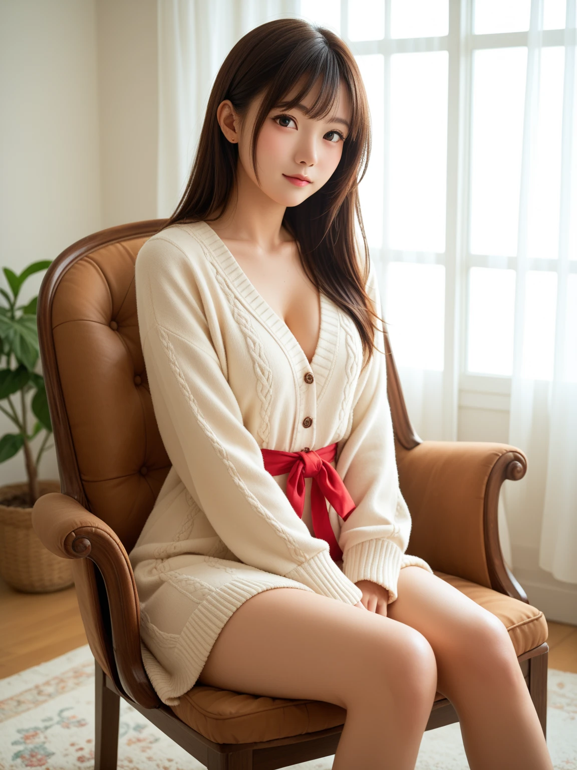 top-quality、Top image quality、​masterpiece、fully body photo、25 years old women, governess、Dark brown wavy middle hair、bangss、((Red Long Sleeve Knit、Beige flared skirt、Stockings))、 ((no-bra、Puffy nipple、Flip the skirt、Visible))、Sexy red panties、soft boob、Large breasts、high-heels、 cute smile face、stairs at school、Sit on the stairs with your legs open、((I can see all my panties、Rub your chest with both hands、Touching the crotch))