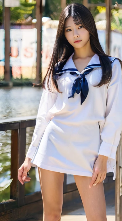 Neat and clean high school girl、(school uniform、Sailor suit、Ribbon knot on chest、Summer clothes、The upper body is white、The skirt is navy blue)、Outside the athletics field、(slim)、Photorealistic、detailed, Skin Texture, Super detailed、Delicate and sexy collarbone、A sloppy smile、Super detailed face、Lips、Detailed Eyes、Small breasts、Small breasts、、Small breasts、Flat Chest、Chest emphasis、Bright face、((Are standing、Her white panties are visible from under her skirt、Lift the hem of your skirt slightly with both hands,,))((Naked with only a white apron、Naked sexy white apron))、Short hair with bangs、Straight bob hair、、Angle from top、12 years old