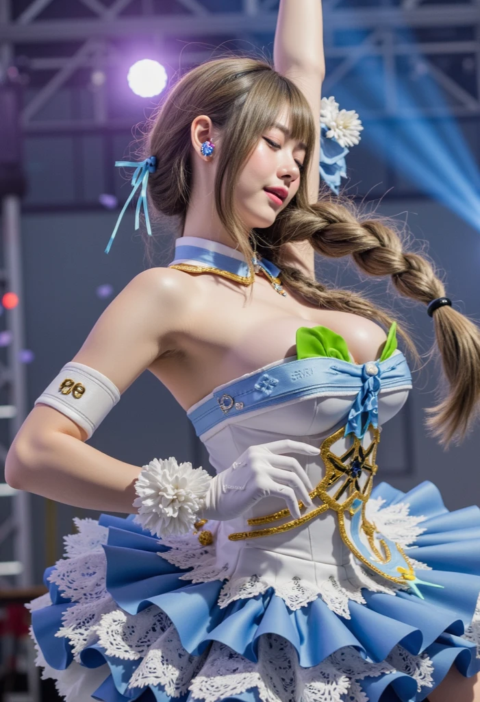 (best quality, 8k, 32k, masterpiece, uhd:1.2), (RAW photo), (realistic:1.15), (photorealistic:1.15), (absurdres, high resolution), (ultra detailed), (huge filesize:1.2), 1girl, (loli:0.5), cute, extremely detailed beautiful face & eyes, cleavage, small face, thin waist, thin thighs, slender body, (cowboy shot:1.15), (sweaty:1.22), bare legs, classical tutu, turquoise tutu, (princess tiara:0.8), Primaballerina_tutu, russian, classical ballet tutu, rooftop, sunset, (arms up:1.2)