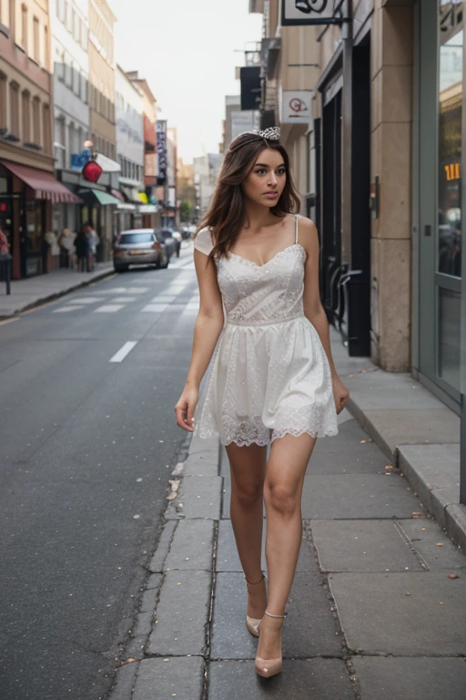 A young woman with long, wavy blonde hair is posing outdoors on a city street. She is leaning on a white stone surface, wearing a short, white lace dress with thin straps and a deep V-neckline. The dress has a fitted silhouette, accentuating her figure. She is also wearing white sneakers, which add a casual touch to her outfit. The background features a tree-lined sidewalk with a few people walking and a café with outdoor seating, complete with white umbrellas. The overall scene is bright and vibrant, capturing a stylish and relaxed urban vibe.