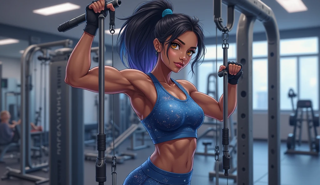 ((26 year old, Filipino Woman, tanned bronze skin:1.02, short black hair:1.3, Detailed Amber eyes:1.03, Detailed face, medium breasts, narrow waist, wide hips, curvy (Wearing: Blue Sports bra, Blue Shorts:1.2)), (midriff), (agile physique:1.1), (Character Focus),Perfect Anatomy, Looking at Viewer. (Holding dumbbells in hands:1.2), The woman's skin is covered in sweat.(Ideal ratio body proportions:1.1), she's looking directly at the camera with a smile, open mouth. (Background: Indoors, Gym), full body, 4k textures, raw photo, epic artistic, photoreal art, sharp focus, even lighting, insane details, intricate details, hyperdetailed, rich colors