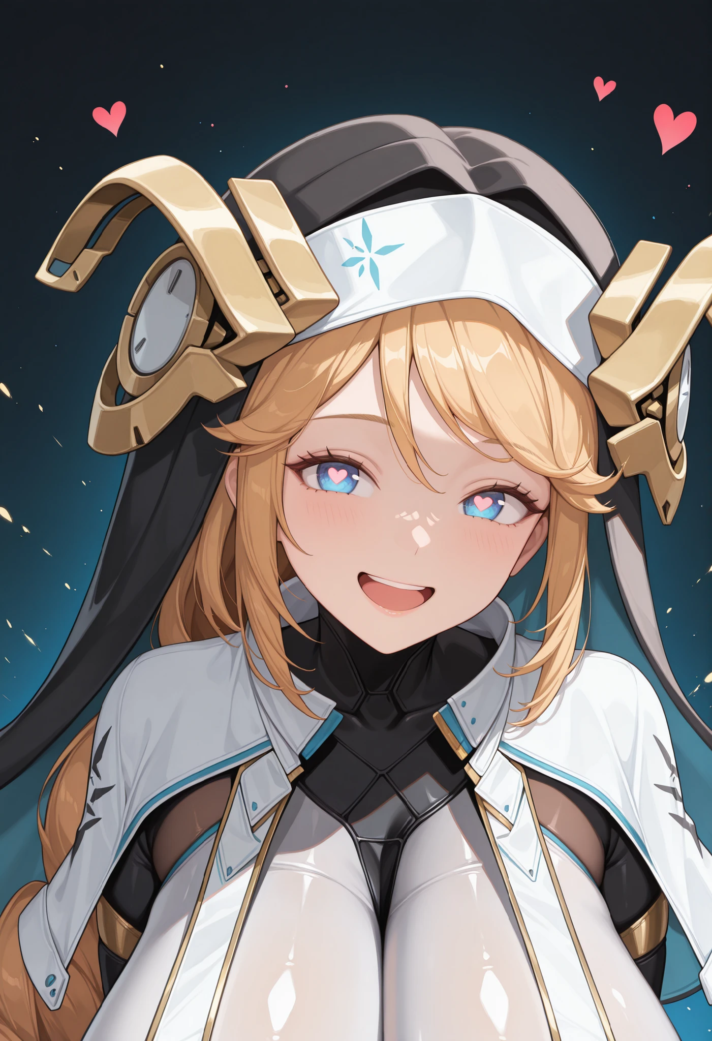 masterpiece, Highest Quality, Absard Dress, high resolution, newest,drachef style , 1 girl, solo, rpnzldef, blue eyes, Gold, very long hair, braid, bungs, habit, , nun, black veil, headgear, white capelet, , black gloves, black dress, smile, heart shaped pupil, , open your mouth,happy, close-up, full-body , staring at the viewer, throw