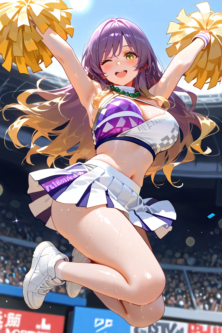 1girl, purple hair, foxgirl, sexy, purple eyes, d cup breasts, anime styled, 2D, mature, dynamic angle, cheerleader outfit, long hair, sexy, long hair, fit, low view, under boob, white background, mini skirt