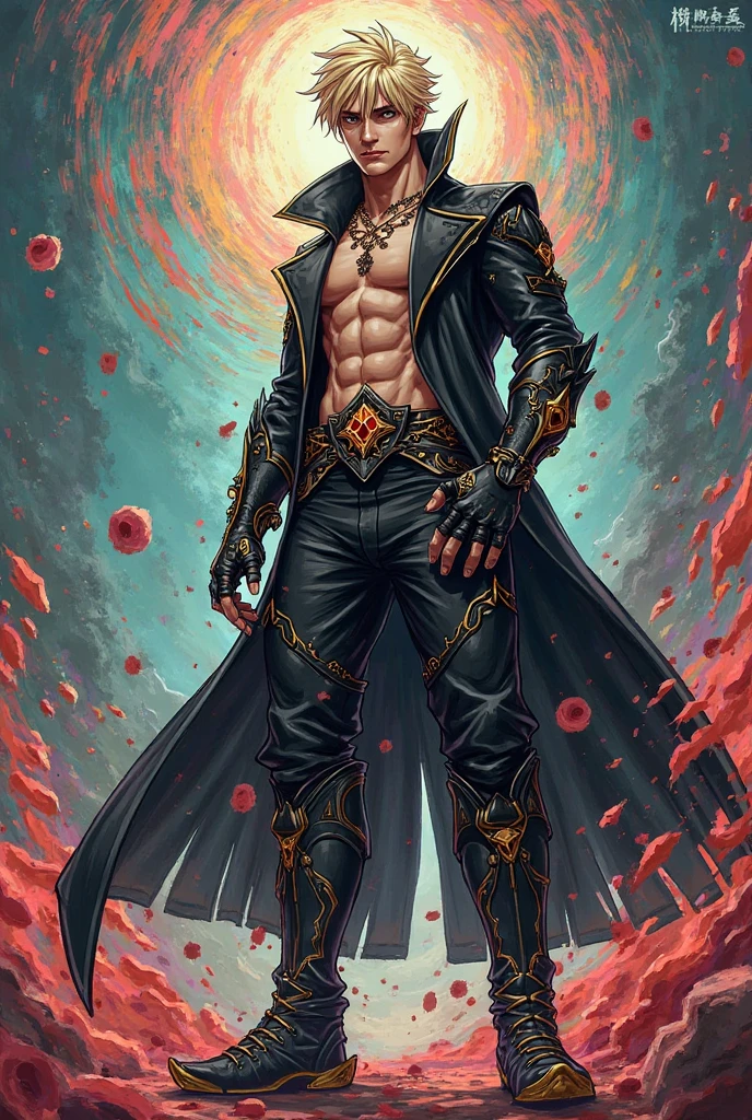 White Hair Vampire Red Eyes Brutal Man Hero with a Sword Katana Explosive Nuclear Explosion Courage Challenge Strength Danger Fire Red Eyes Velvet Metallic Leather Dragon Tattoo Ruby Pendant Naked Torso Moonrise Myth Hero Victor