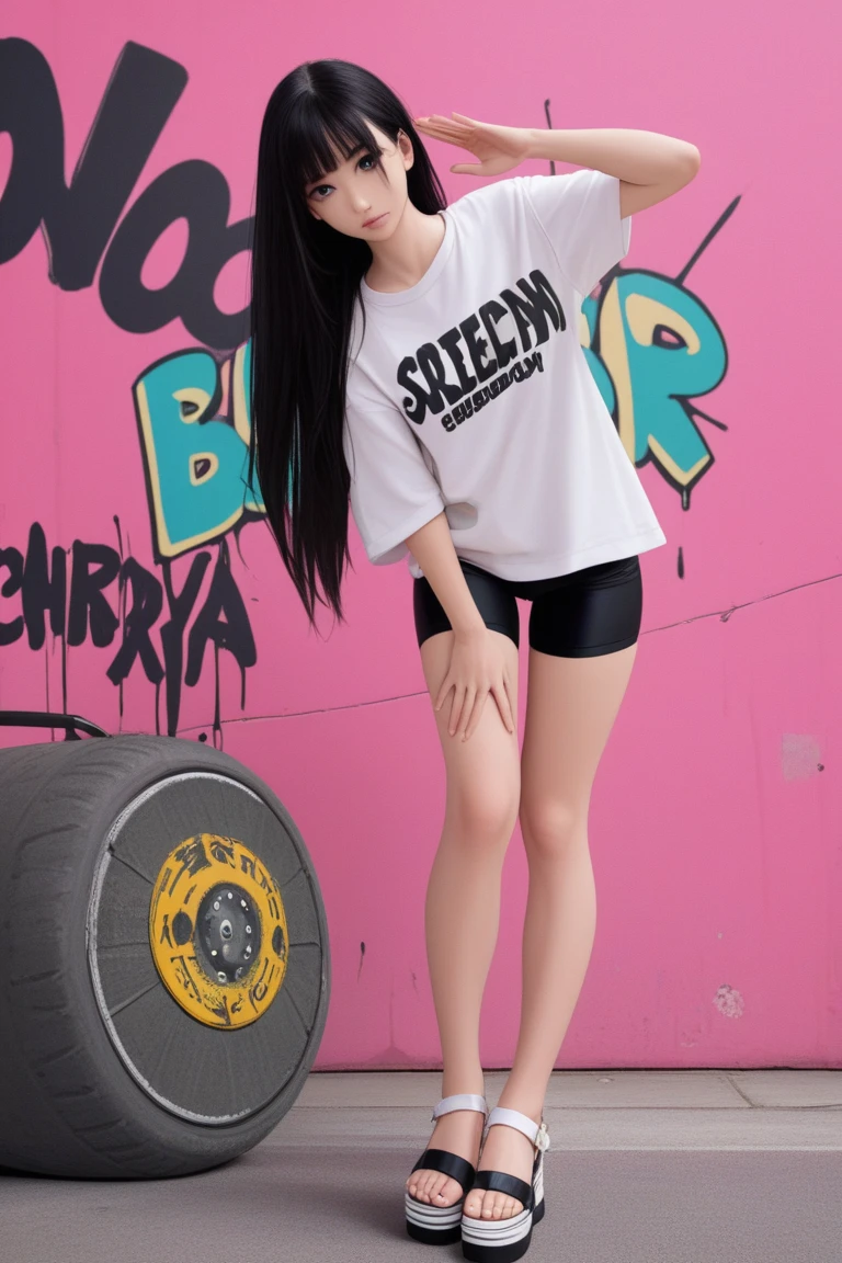 ((best quality)), ((Masterpiece)), (details), ใบหน้าที่สมบูรณ์แบบGraffiti Asian girl Graffiti style Wearing a hip-hop hat, wide ears, nose piercing, cigarettes, a Slipknot tattooed tank top, hip-hop pants and oversized Nike sneakers, squatting position, leather soles, graffiti, Thai style, graffiti clouds, graffiti work.
