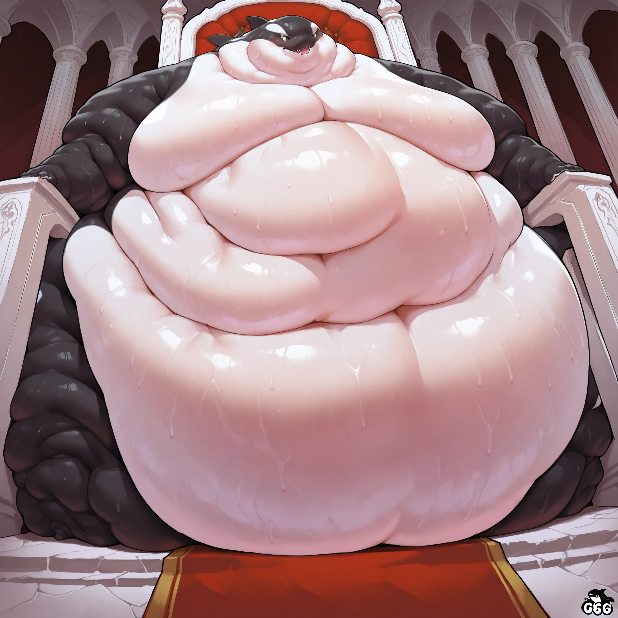 attea, half body, sitting on throne, throne made from skulls, masterpiece, best quality huge overfilled breast_implant, huge keep_inflating_Extrem_like a blimp, filling her up more plump , large Breast Implants breast expander fill up, extremely huge inflated muscles, hawaii Strand im hintergrund