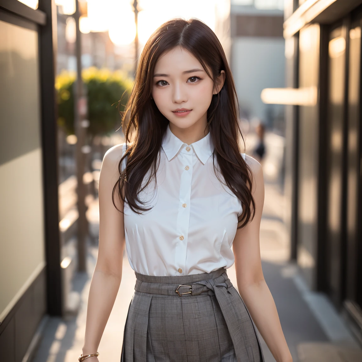 Woman in a suit standing on the sidewalk,((25-year-old woman))、small Breasts、Dark brown hair color、Hairstyle with bangs、Various hairstyles、Hairstyles of different lengths、(8k, RAW Photos, highest quality, Tabletop: 1.2),、(Realistic, Realistic: 1.3), Cityscape, Day, Sunny Morning, Professional Lighting, Photon Mapping, shirt, (Woman in a suit,) Silk Suit、Pencil Skirt、Tight Skirt、((Delicate photo)),(Detailed RAW Photos of Girls), (Tabletop:1.25), (highest quality:1.6), (超A high resolution:1.5), (Realistic:1.75), 8k resolution, Canon EOS R5, 50mm, absurdes, Ultra-detailed,Cinema Lighting, (Skirt Lift:1.4)、nsfw、the wind is strong、smile、Skirt flipped up、sexy white panties