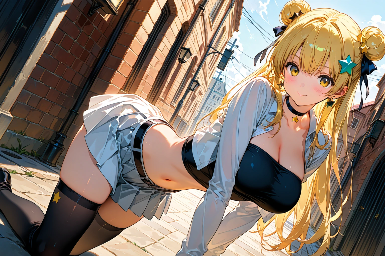 Very detailed、Highest quality、Best image quality、masterpiece、8k、Anime Face、A kind smile、Open your mouth、Sparkling Blue Eyes、(Long blonde curly hair:1.4)、Wearing a maid's headband、(SFW Huge Body:1.3)、(((Rear View)))、Cowboy Shot、(Wear laces:1.5)、(Muscles of the whole body:1.3)、(Own ass:1.5)