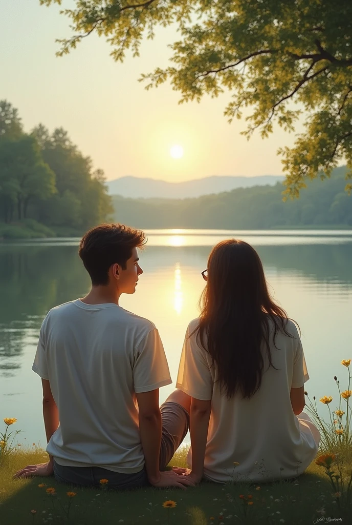 Fotografhy A beautiful, slightly fat Asian girl wearing casual clothes is walking hand in hand with a handsome Asian man on the edge of a beautiful lake. A straight forward view