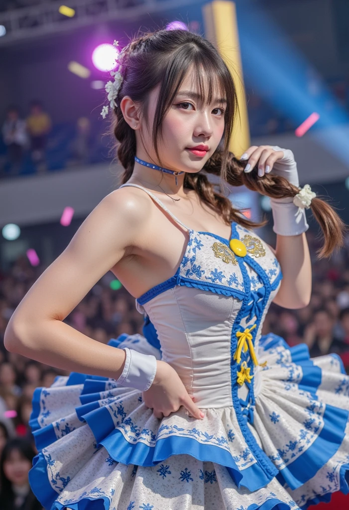 A busty goblin woman, JPop sexy sailor scout idol costume, performing on stage, holograms of her acting embarrassed, revealing panties, background with vibrant colors, intense stage lighting and fog, lively crowd, dynamic dance moves, glowing neon signs, glitter and sequins, high-resolution art, photorealistic rendering, vivid color palette, anime-inspired style, dramatic shading, shiny vinyl material, detailed facial features, sparkling jewelry, provocative poses, energetic atmosphere, professional makeup, fancy backdrop, concert-like ambience, flawless skin, exaggerated expressions, flirtatious smile, stunning performance, artistically crafted stage design, intricate stage props, synchronized dance routines, glaring spotlights, enthusiastic audience, bokeh effect, dazzling visual effects, lively music, upbeat tempo. (best quality, 4k, highres, photorealistic:1.2), ultra-detailed, realistic lighting, vibrant colors, captivating composition.