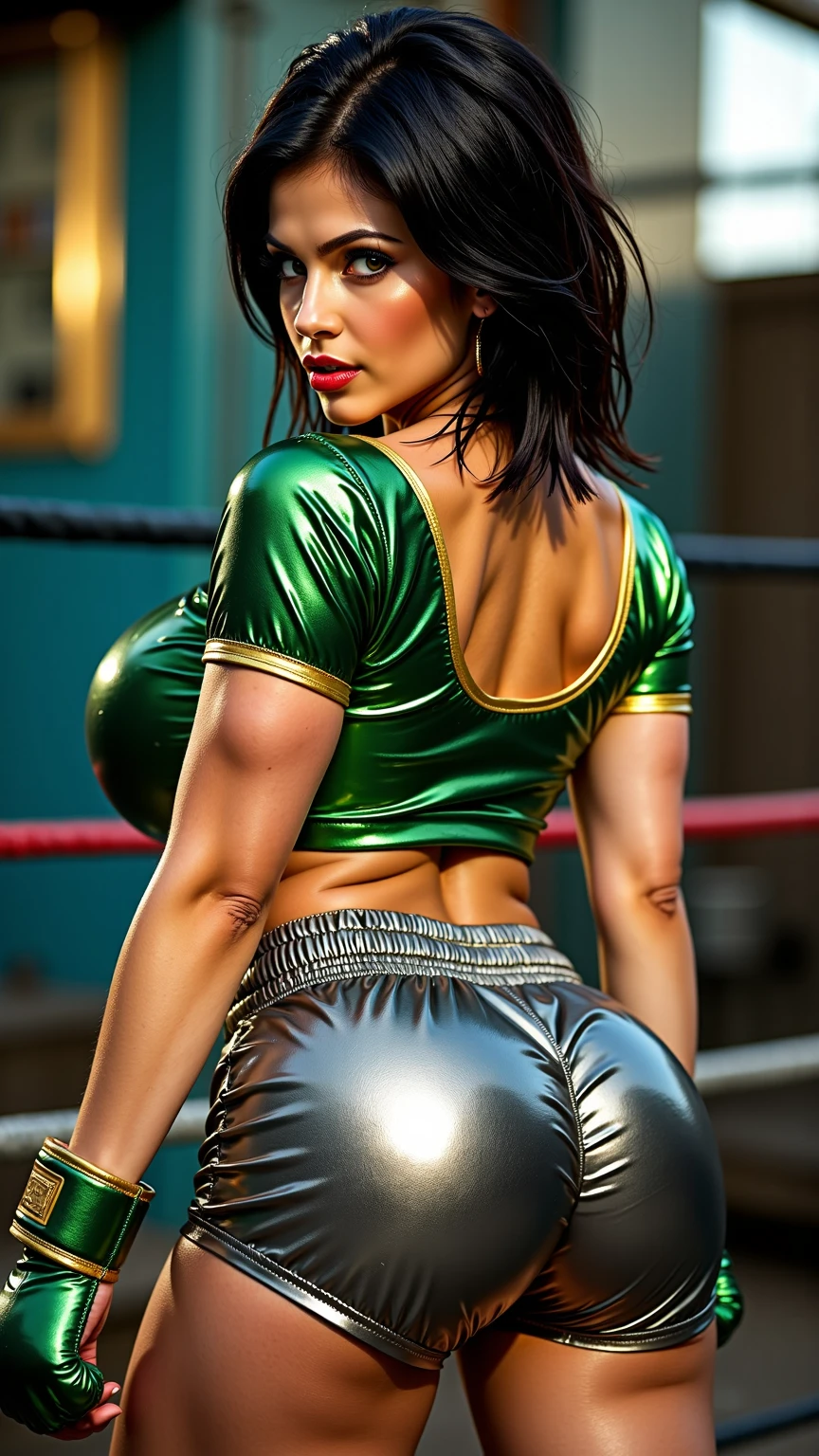 (best quality,highres:1.2), (ultra-detailed), (realistic:1.37), (HDR,UHD), (physically-based rendering), (curvy mature Denise Milani), ((topless, exposed chest:1.3)), ((olive green pleated boxing skirt:1.3)), ((boxing gloves:1.4)), ((cropped, straight jet-black hair:1.3)), ((firm breasts, deep cleavage, perfectly round breasts:1.3)), ((tiny waist)), ((thicc, thick thighs:1.4)), ((beautiful large green eyes):1.3), (intimidating pose in an abandoned factory), (full-body portrait), (vivid colors), (metallic textures), (hot red lips, makeup:1.3), sexy fighter, prominent breasts, rock solid breasts, large thick calves, ((olive green boxing skirt:1.3)), (full body portrait:1.3), big_boltedontits, boltedontits, th3p1t, sakimichan,