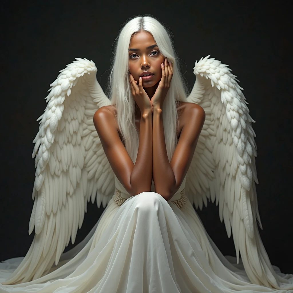 A young, skinny Chennai Indian woman (strong Indian features with long, flowing white hair cascading down her shoulders sits gracefully in a serene, ethereal pose. Her skin is tanned brown and radiant, contrasting beautifully with her pristine white attire—a flowing, transparent gown that drapes elegantly over her unadorned form, revealing her toned body, evoking a sense of purity and otherworldly beauty. Behind her, majestic, feathery white wings extend outward, adding an angelic aura to her presence. Her posture is contemplative yet poised, sad; one hand gently rests on her cheek, while the other supports her chin, creating a delicate and introspective expression. Her piercing brown eyes gaze directly into the viewer's soul, filled with a mix of wisdom, serenity, and a touch of melancholy. 

The lighting is soft and dramatic, highlighting her features and the intricate details of her wings and attire. The background is dark and minimalistic, drawing all attention to her as the focal point. The overall mood is mystical and tranquil, blending elements of fantasy and realism seamlessly. The style is reminiscent of classical art infused with modern digital techniques, akin to the works of artists like John William Waterhouse or contemporary digital artists such as James Jean or Kehinde Wiley, who often blend human figures with symbolic elements. 
