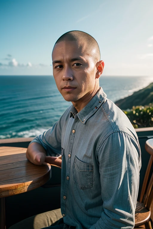bald buryat man, sitting on the beach, brown eyes, looking away