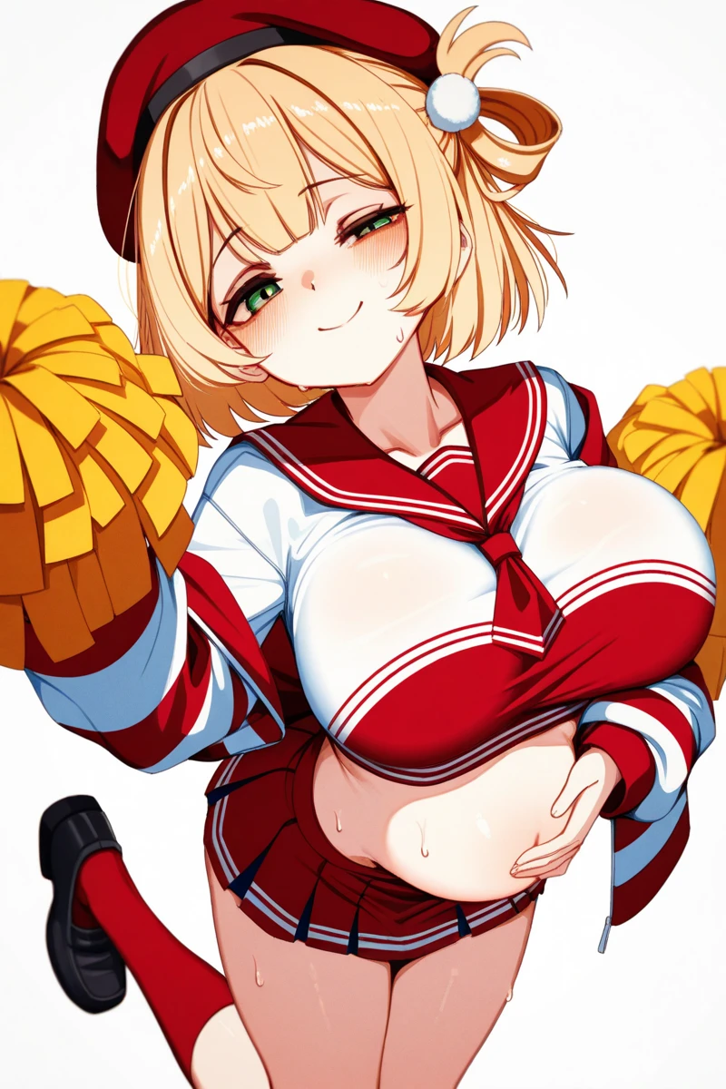 score_9, score_8_up, score_7_up, source_anime, BREAK, (((yew))), , 1girl, solo, chubby, cheerleader, cheerleading uniform, large breasts, cleavage, thicc, blonde hair, excited expression, cute expression, blue eyes, bouncing breasts