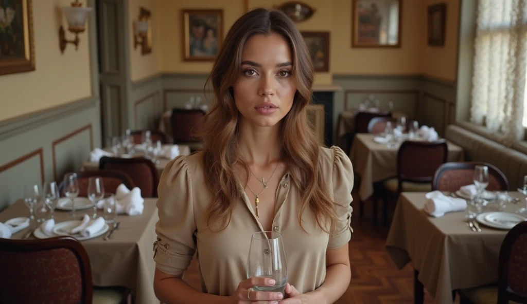 beautiful woman, 1girl, white top, red leather skirt, gucci bag, beautiful restaurant, detailed beautiful face, detailed eyes, detailed lips, long eyelashes, detailed facial features, elegant, graceful, photorealistic, highly detailed, masterpiece, 8k, ultra-detailed, cinematic lighting, warm colors, golden hour, dramatic lighting