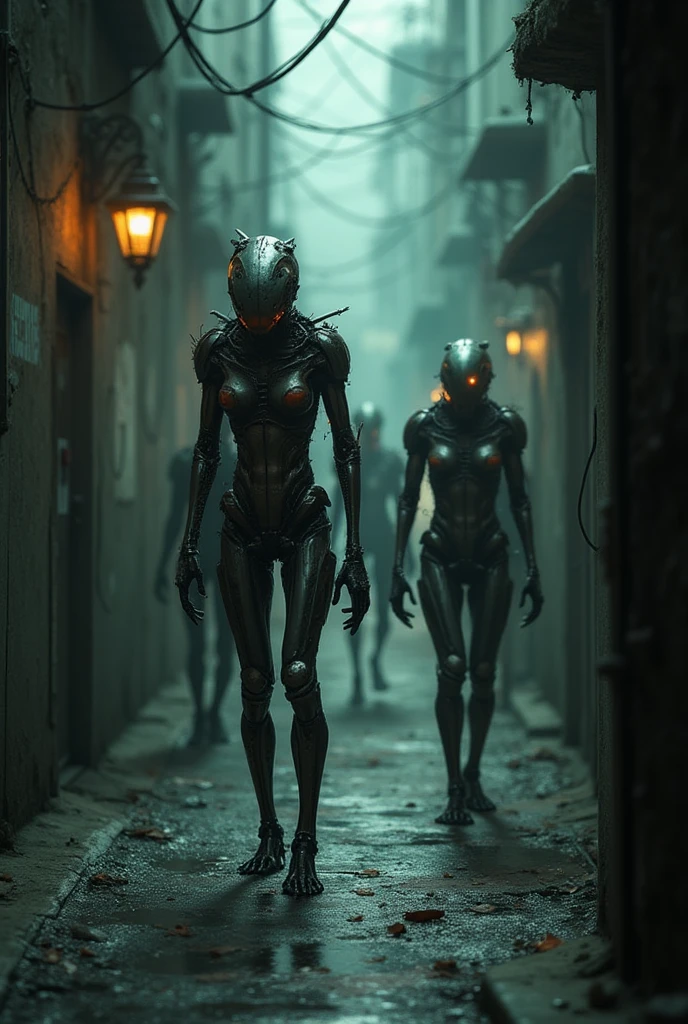 (steam punk)(a mechanical detective, humanoid, piston driven arms & legs, steam vents) walks the streets of the city seeking a wanted criminal