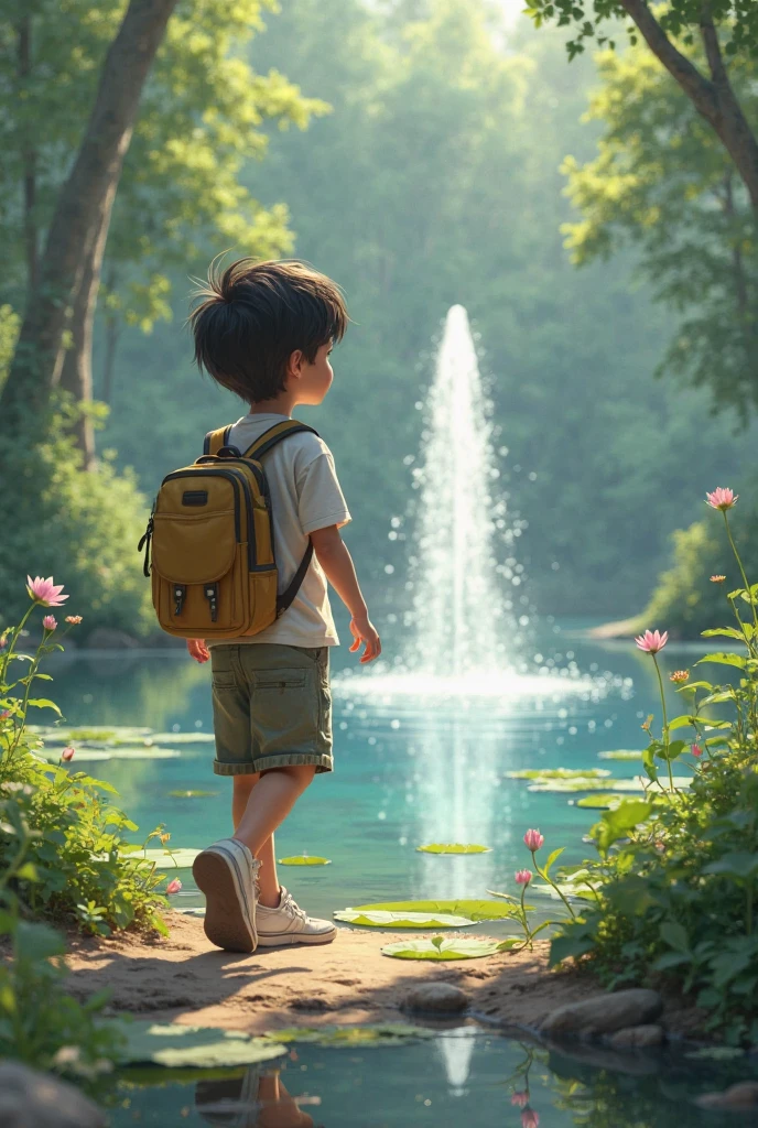 A boy playing game in phon from waterfall