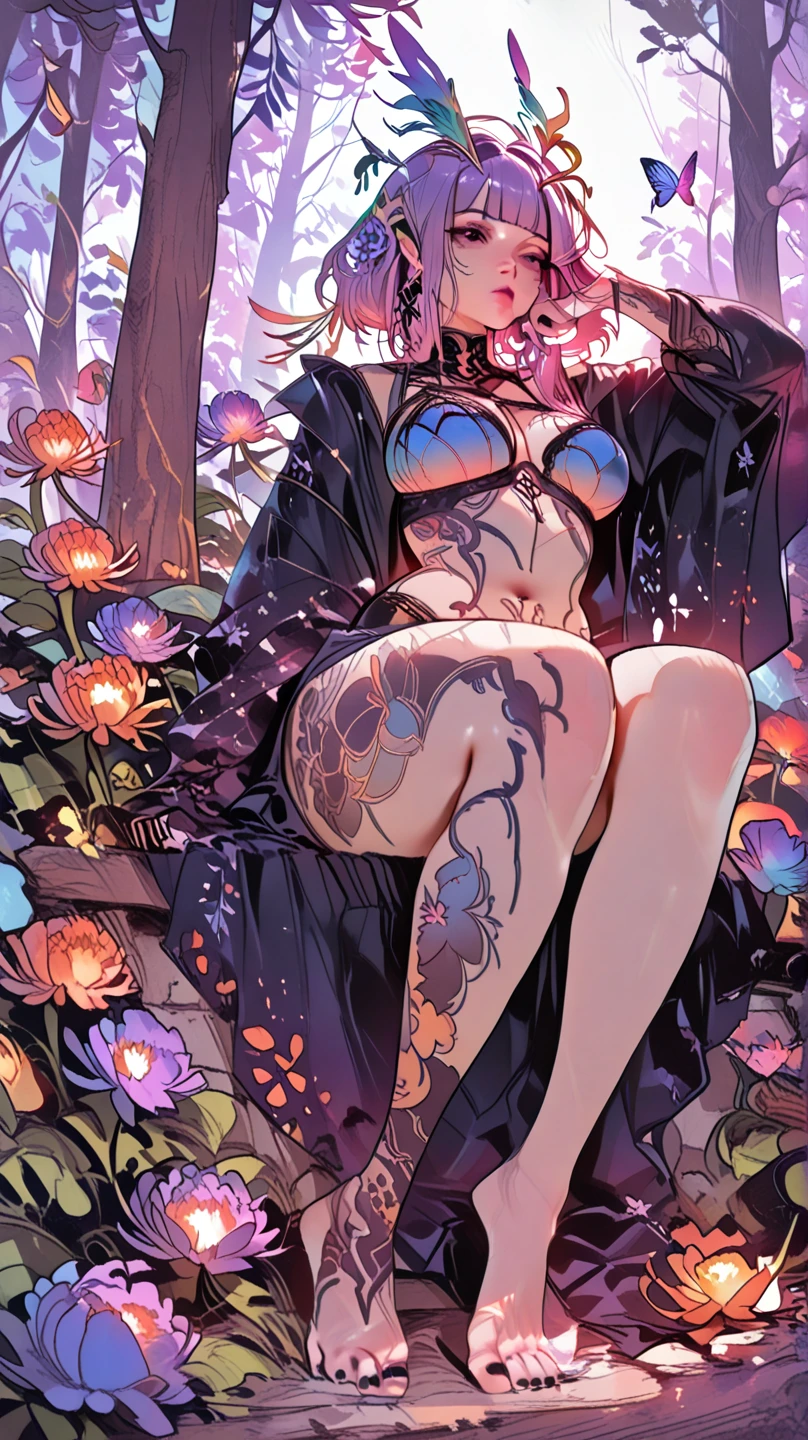 Completely naked super highest quality, High resolution, 1 girl, Decorate your hair with butterflies, pink eyes, Rainbow colored hair, Pretty short hair, parted bangs,, outside the house, erotica, pretty big breasts,Full body tattoos Cat ear Plump Completely naked
